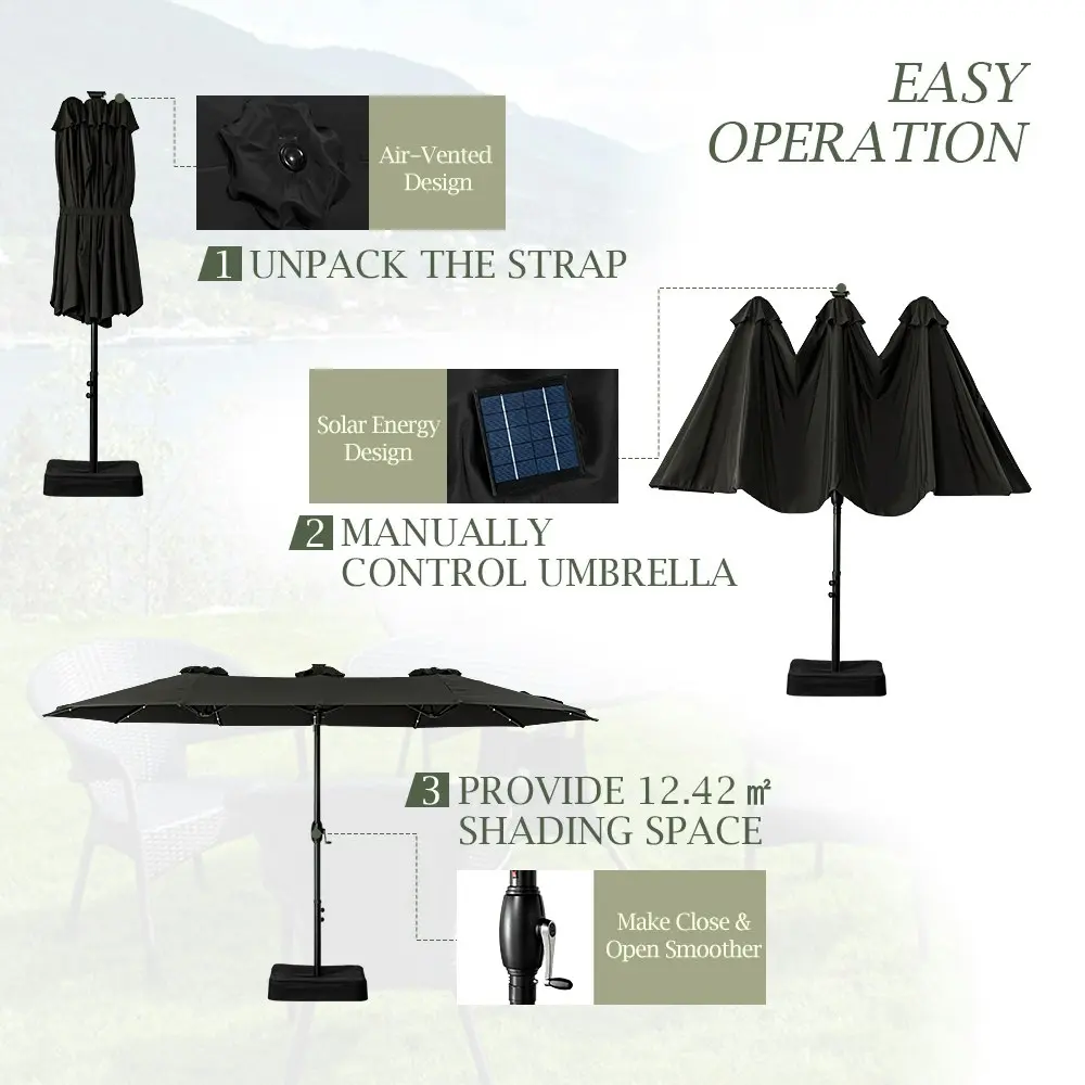 Groverdi 4.6M Large Double-Sided Outdoor Patio Umbrella with Solar Lights & Base