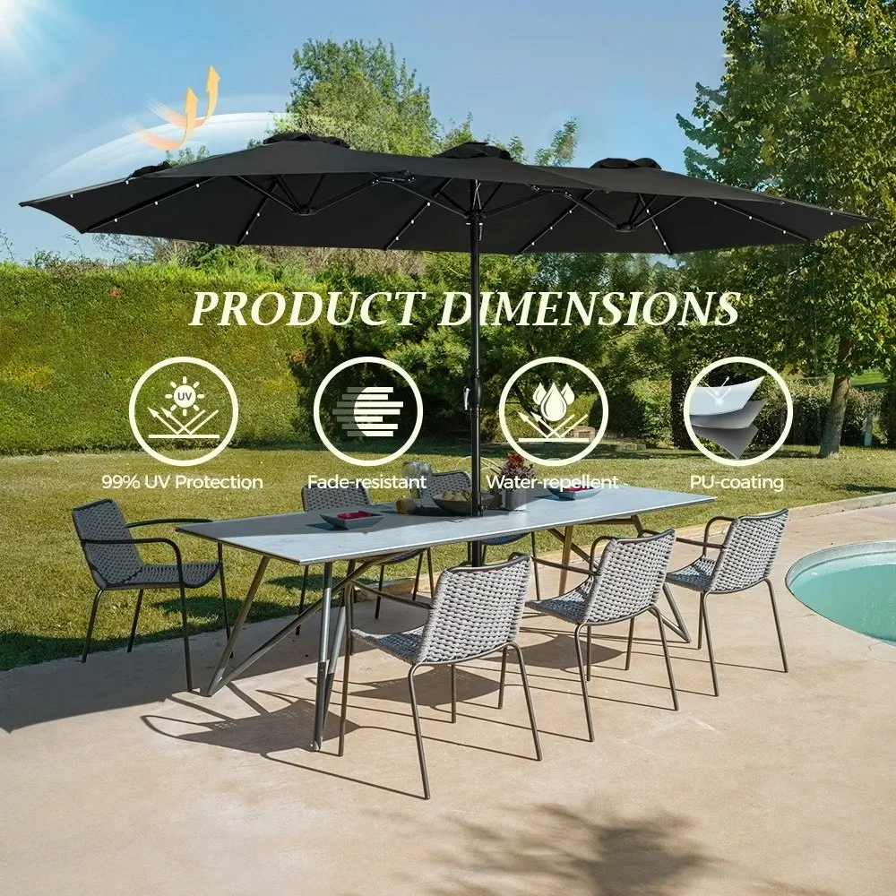 Groverdi 4.6M Large Double-Sided Outdoor Patio Umbrella with Solar Lights & Base