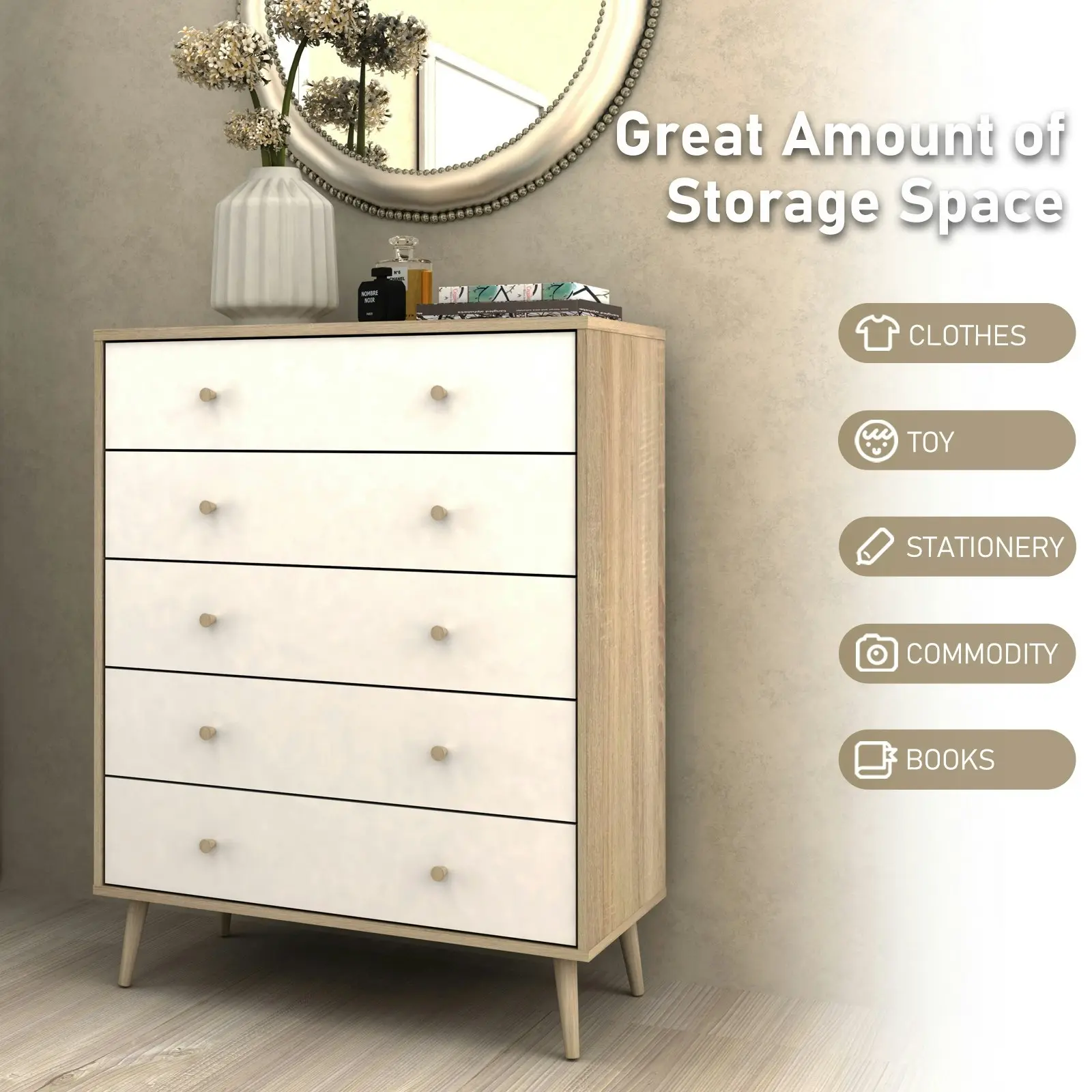 Adriana 5 Drawer Chest of Drawers Tallboy Dresser | Scandinavian Style Chest for Elegant Storage