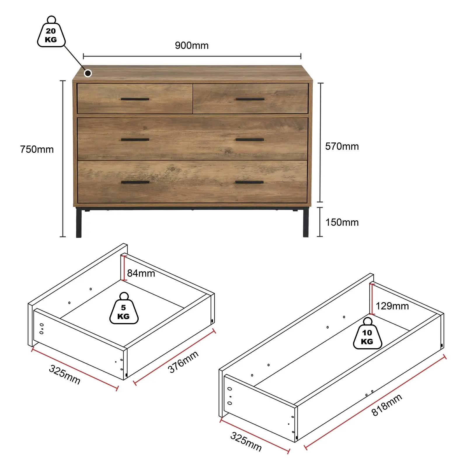 Bronx Chest of 4 Drawers Industrial Tallboy Dresser W/Black Metal Handle