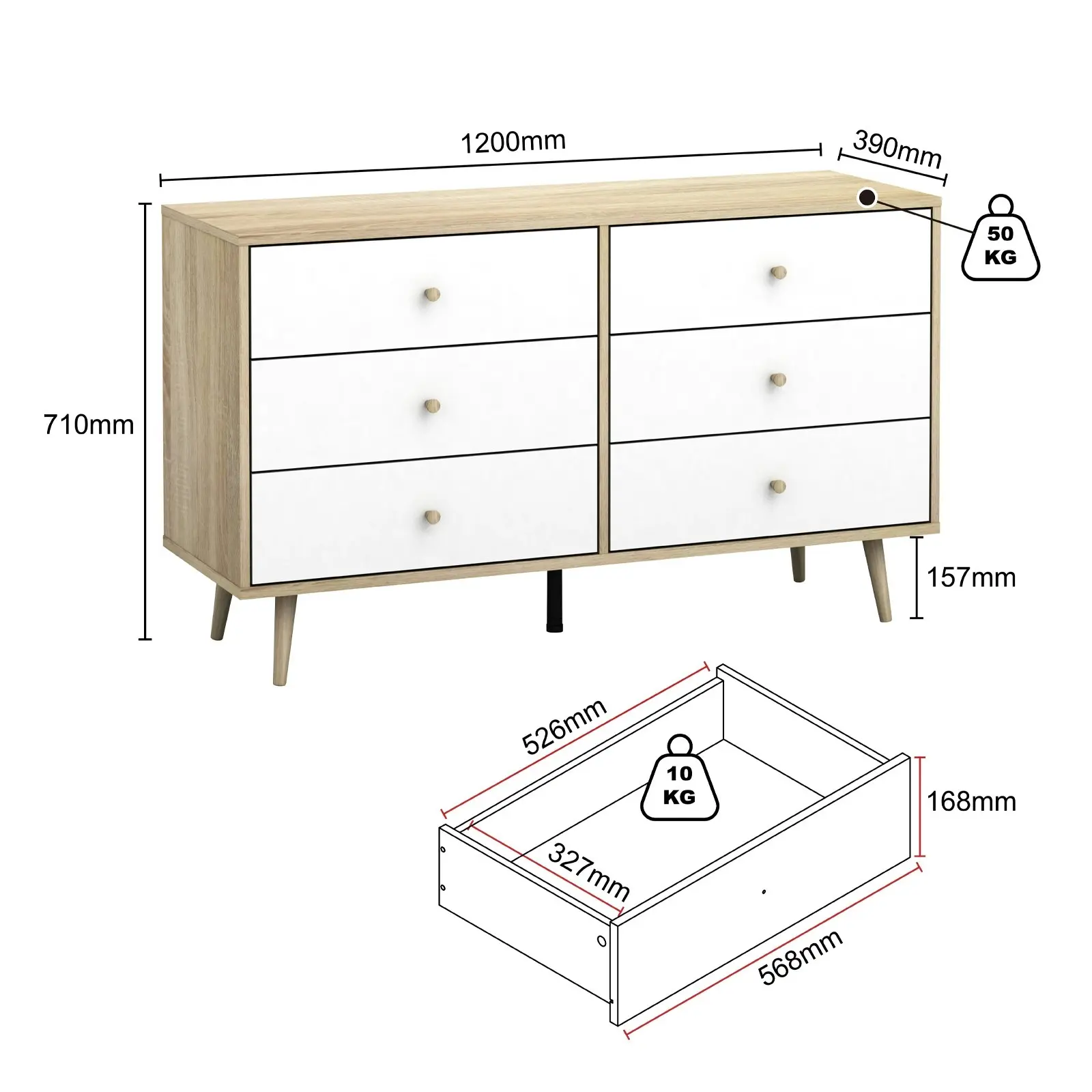 Adriana 6 Chest of Drawers Dresser | Lowboy Storage Cabinet in Scandinavian Style for Modern Living