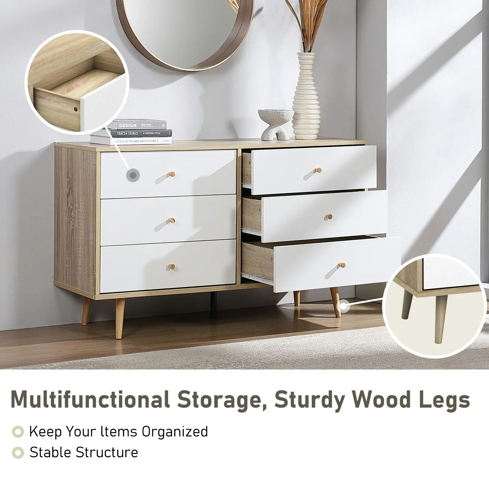 Adriana 6 Chest of Drawers Dresser | Lowboy Storage Cabinet in Scandinavian Style for Modern Living