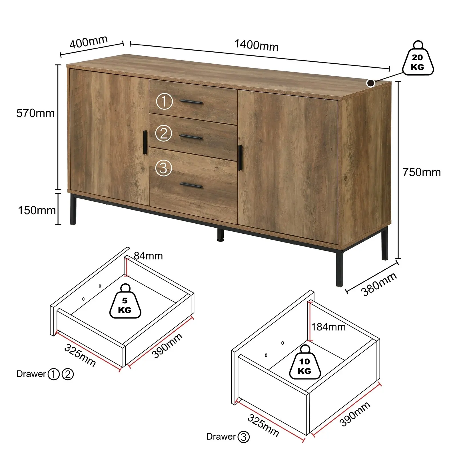 Bronx Buffet Sideboard Console Table | 2 Doors 3 Drawers 140CM for Stylish Storage Cabinet