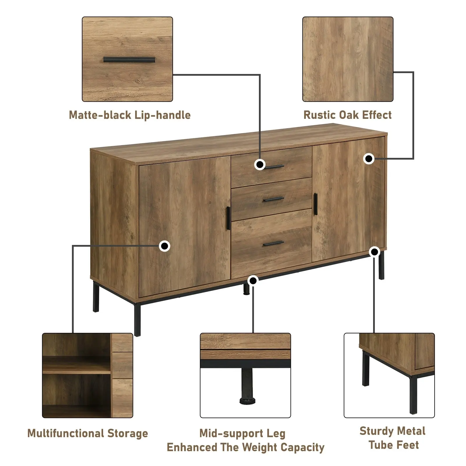 Bronx Buffet Sideboard Console Table | 2 Doors 3 Drawers 140CM for Stylish Storage Cabinet