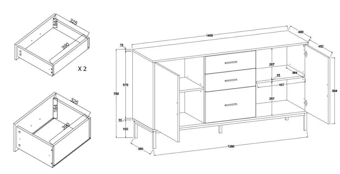 Bronx Buffet Sideboard Console Table | 2 Doors 3 Drawers 140CM for Stylish Storage Cabinet