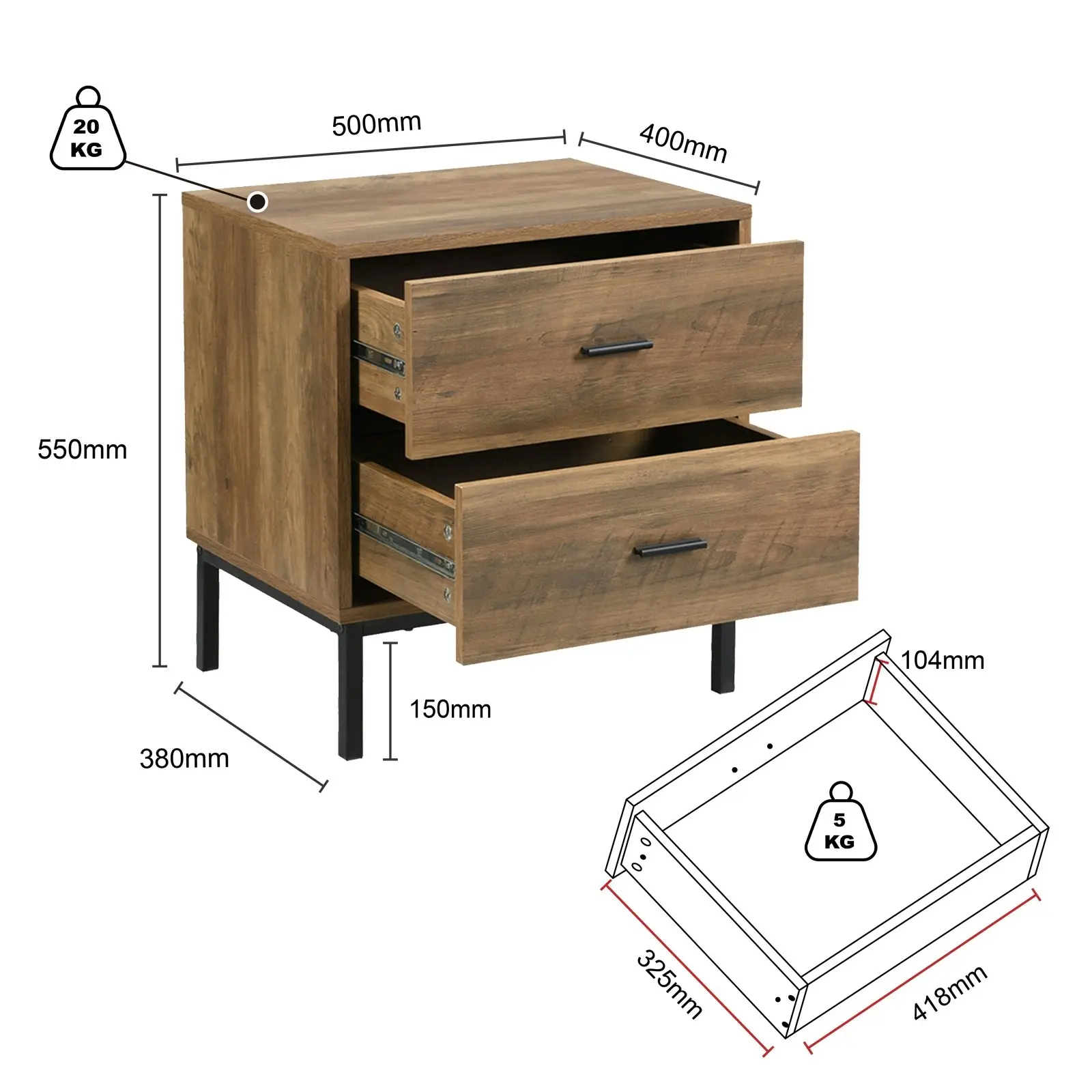 Bronx 2 Drawer Bedside Table | Modern Nightstand for Your Bedroom