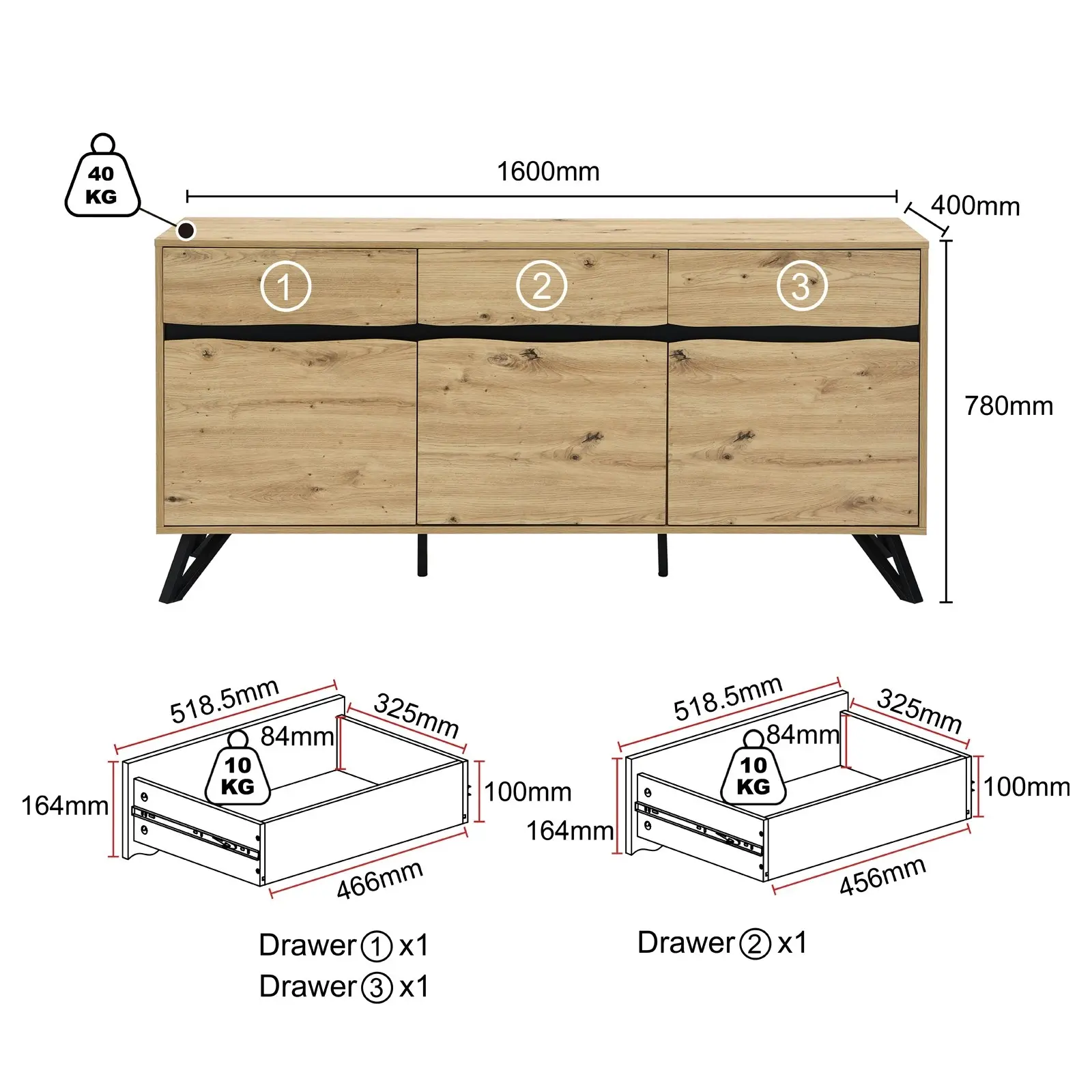 Grayson Large Buffet Sideboard Console 3 Door 3 Drawer 160cm