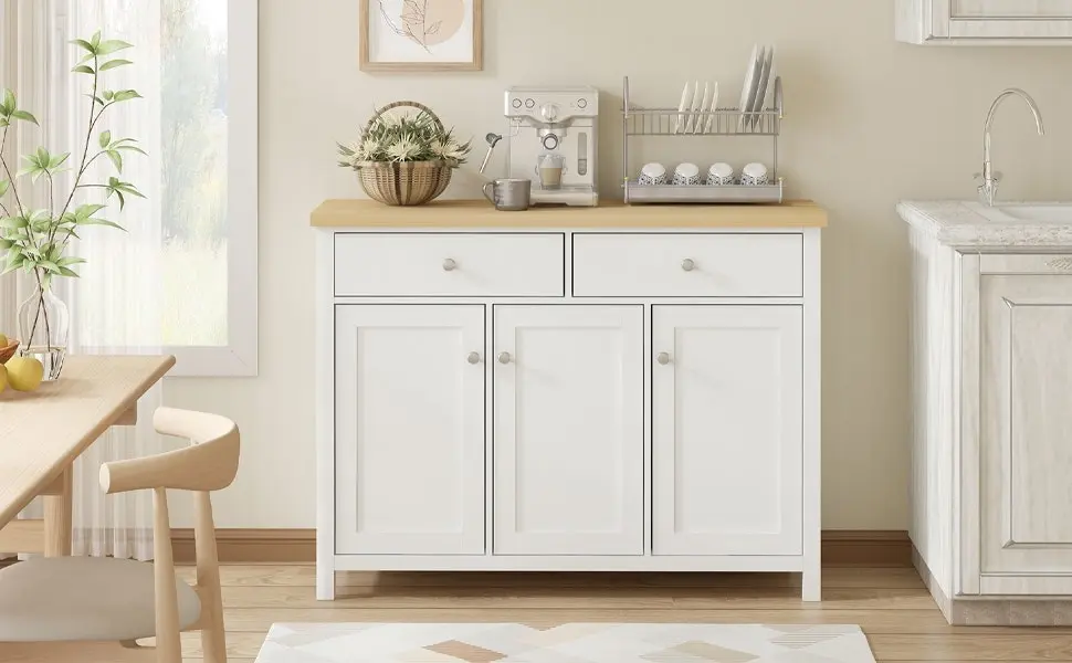 Buffet Sideboard with 2 Drawers & 3 Doors - Pine Top, White Body | Versatile Storage Solution