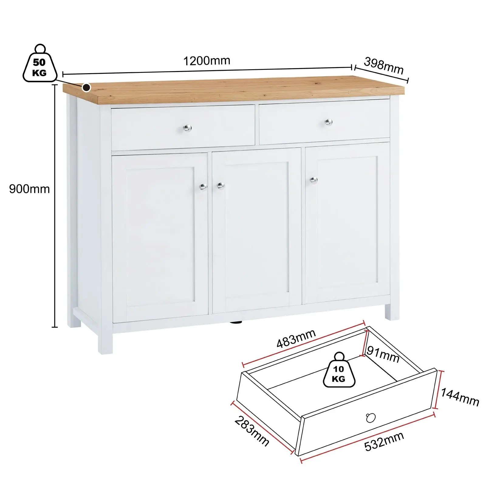 120cm Sideboard Buffet with 3 Drawers & 2 Doors - Pine Top, White Body | Versatile Storage Solution