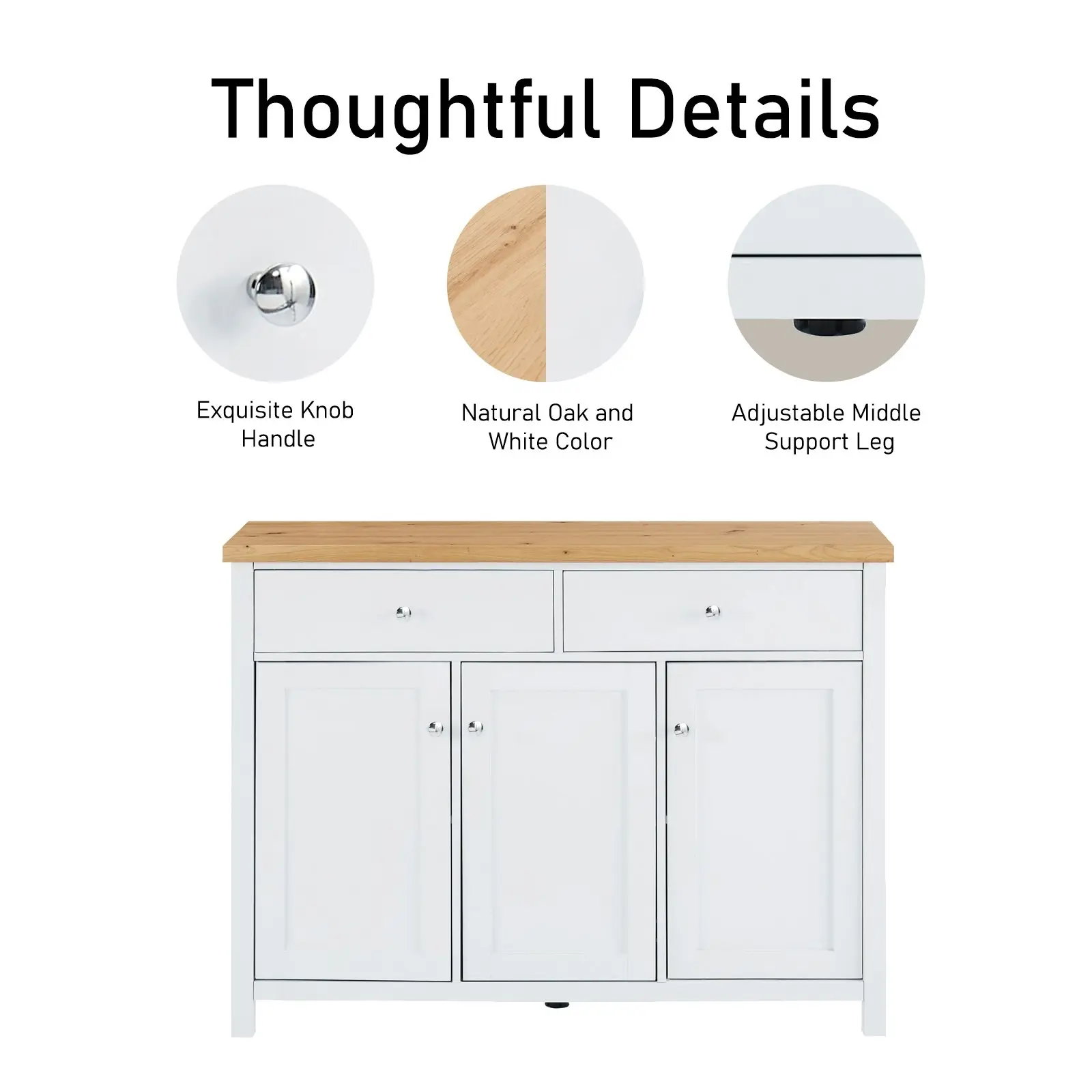 Buffet Sideboard with 2 Drawers & 3 Doors - Pine Top, White Body | Versatile Storage Solution