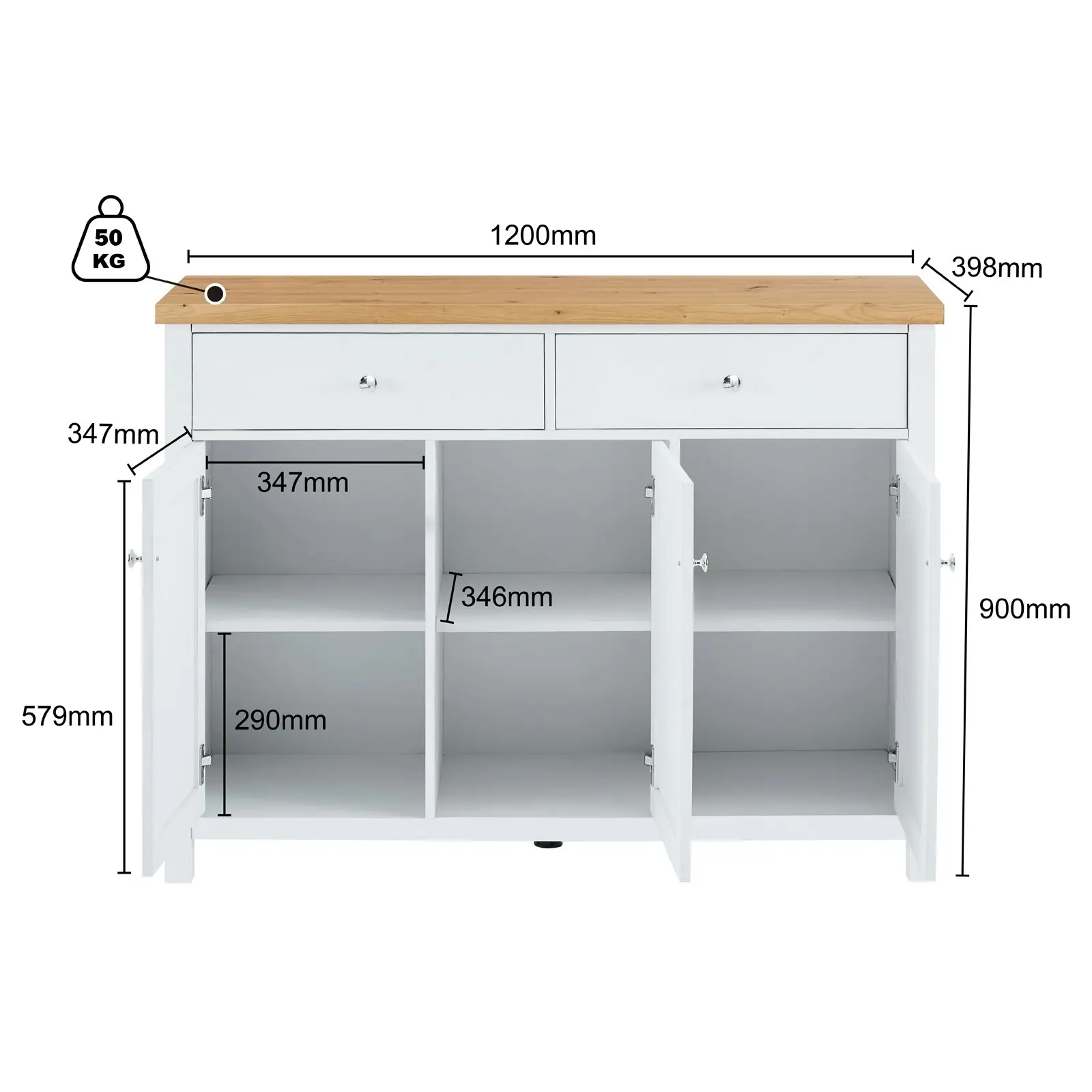 120cm Sideboard Buffet with 3 Drawers & 2 Doors - Pine Top, White Body | Versatile Storage Solution