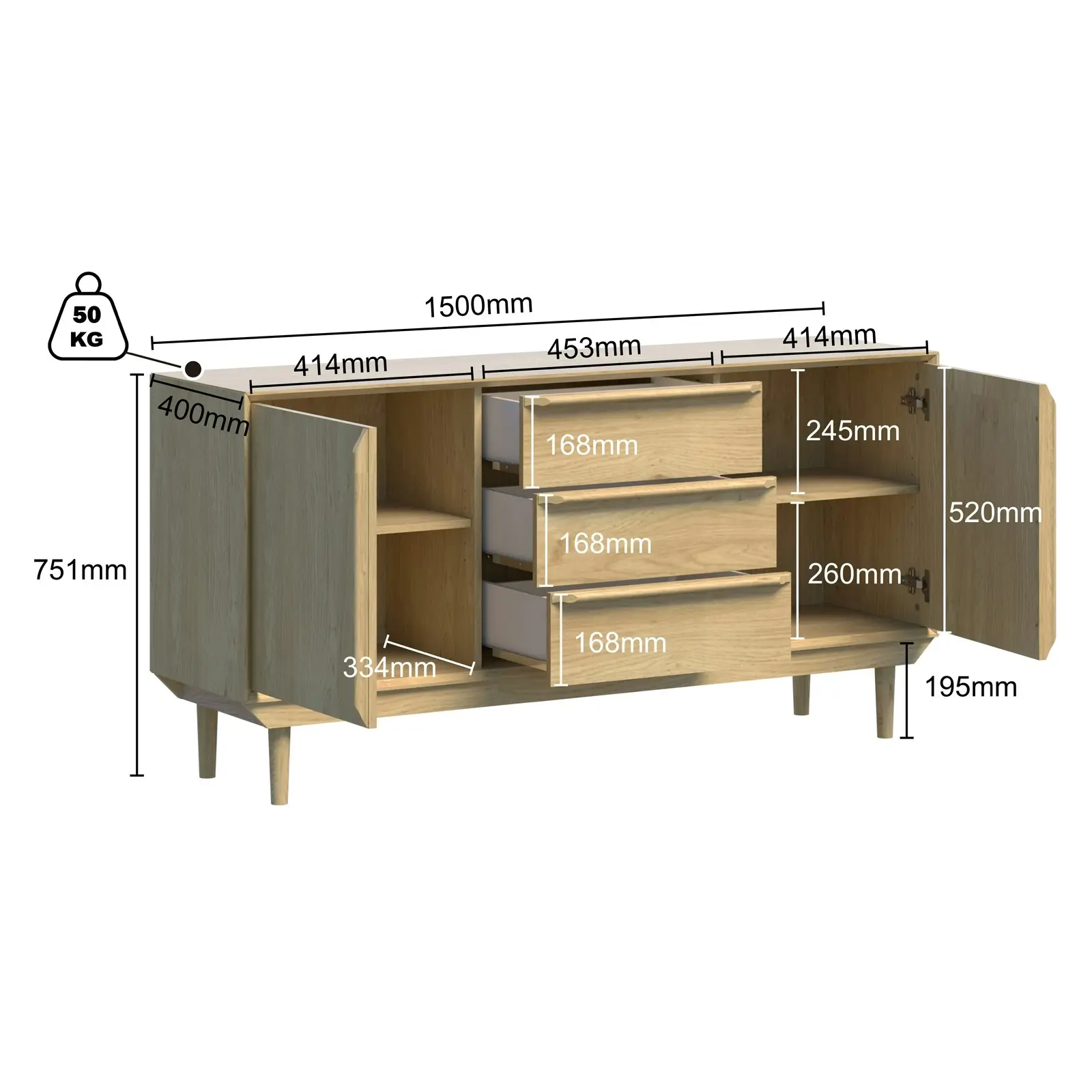 Swedish Large Sideboard Buffet Cabinet - Scandi Style with 2 Doors & 3 Drawers | Spacious Storage Solution