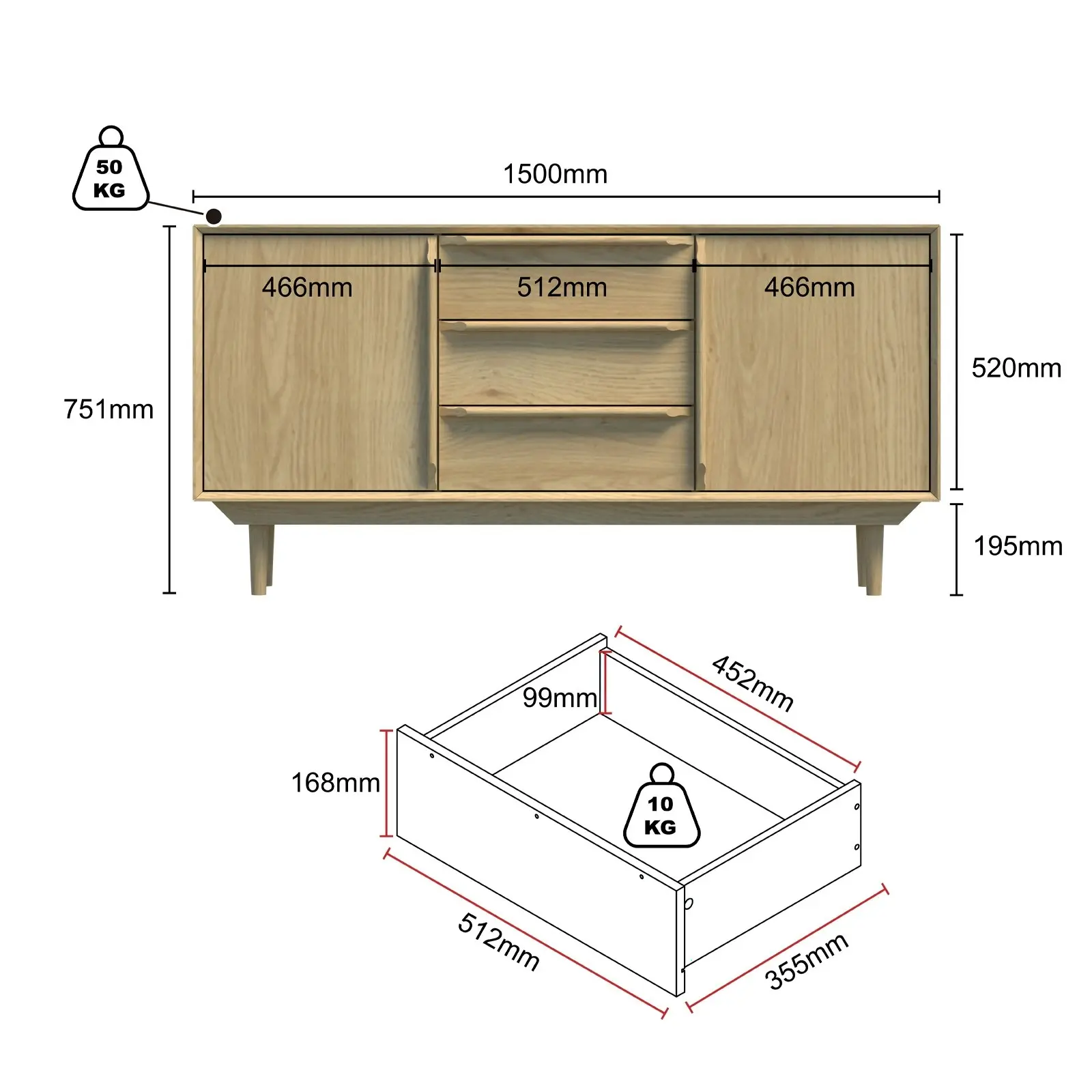 Swedish Large Sideboard Buffet Cabinet - Scandi Style with 2 Doors & 3 Drawers | Spacious Storage Solution