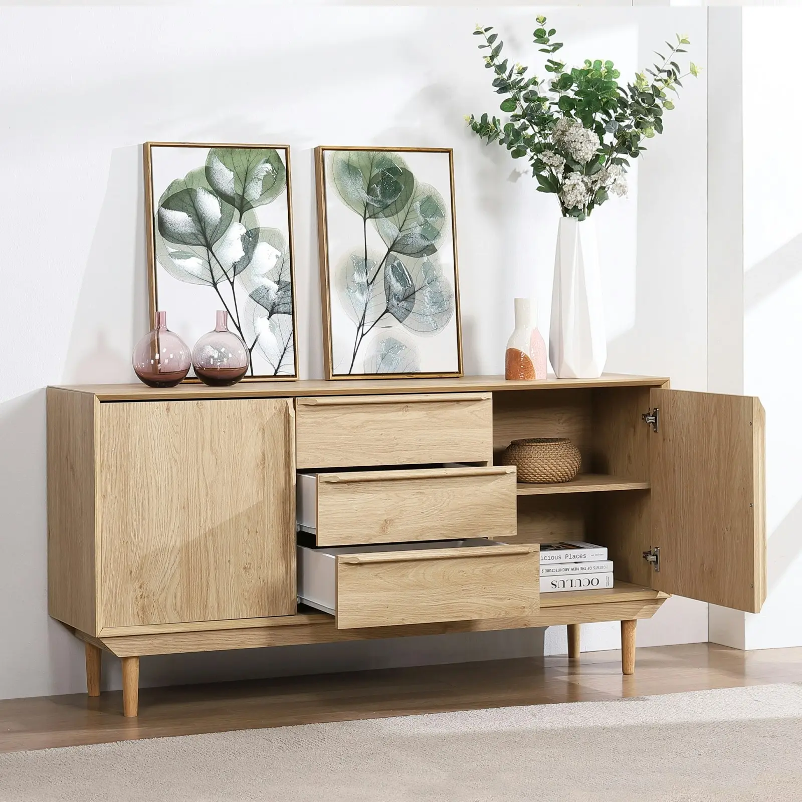 Swedish Large Sideboard Buffet Cabinet - Scandi Style with 2 Doors & 3 Drawers | Spacious Storage Solution