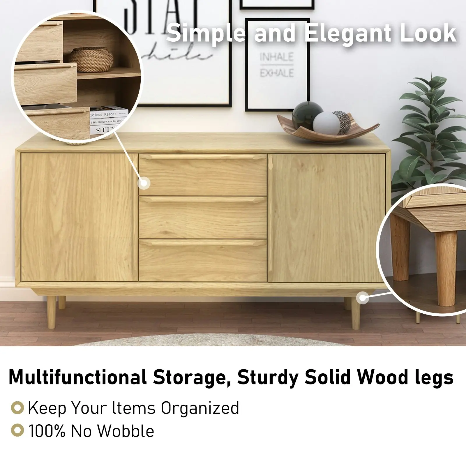 Swedish Large Sideboard Buffet Cabinet - Scandi Style with 2 Doors & 3 Drawers | Spacious Storage Solution