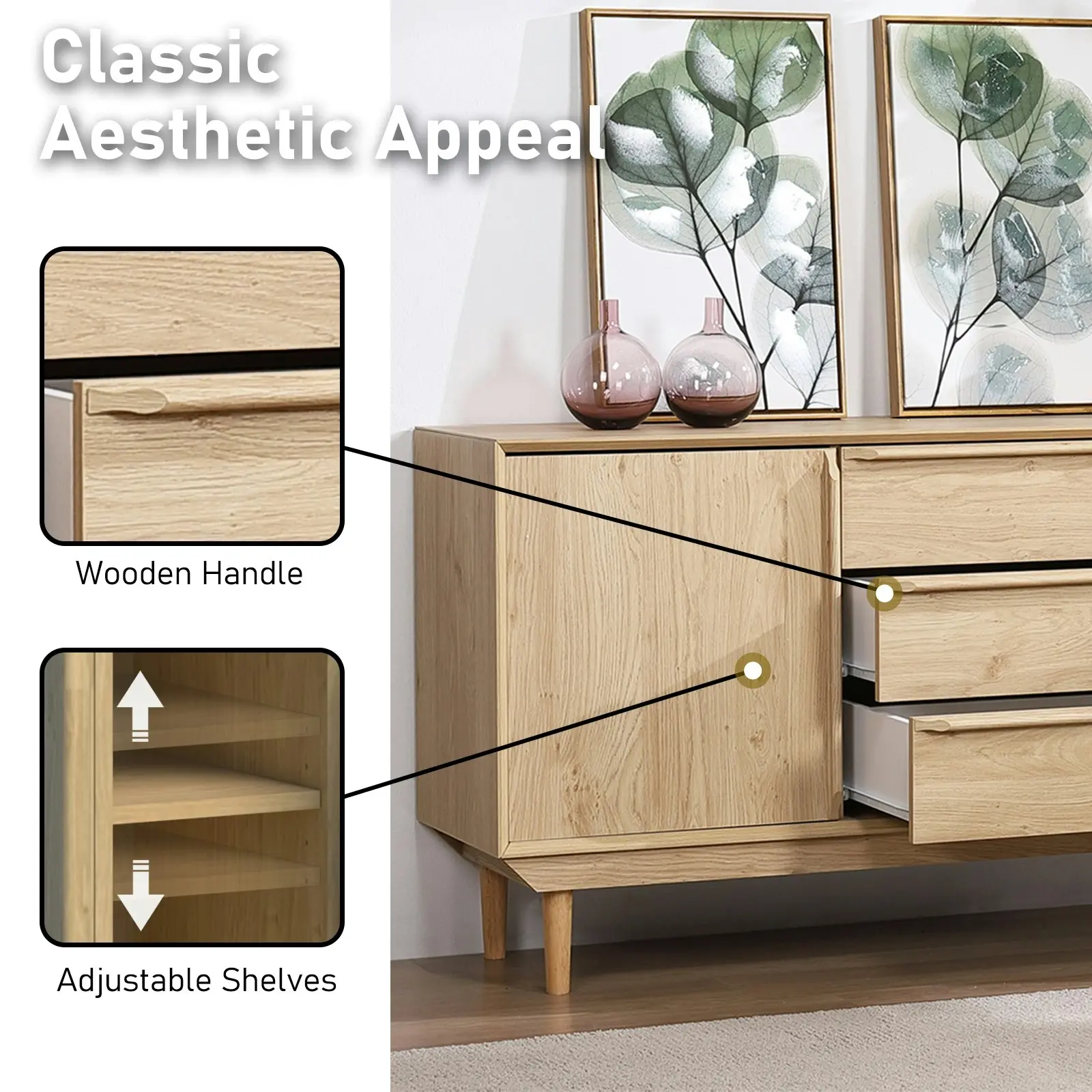 Swedish Large Sideboard Buffet Cabinet - Scandi Style with 2 Doors & 3 Drawers | Spacious Storage Solution