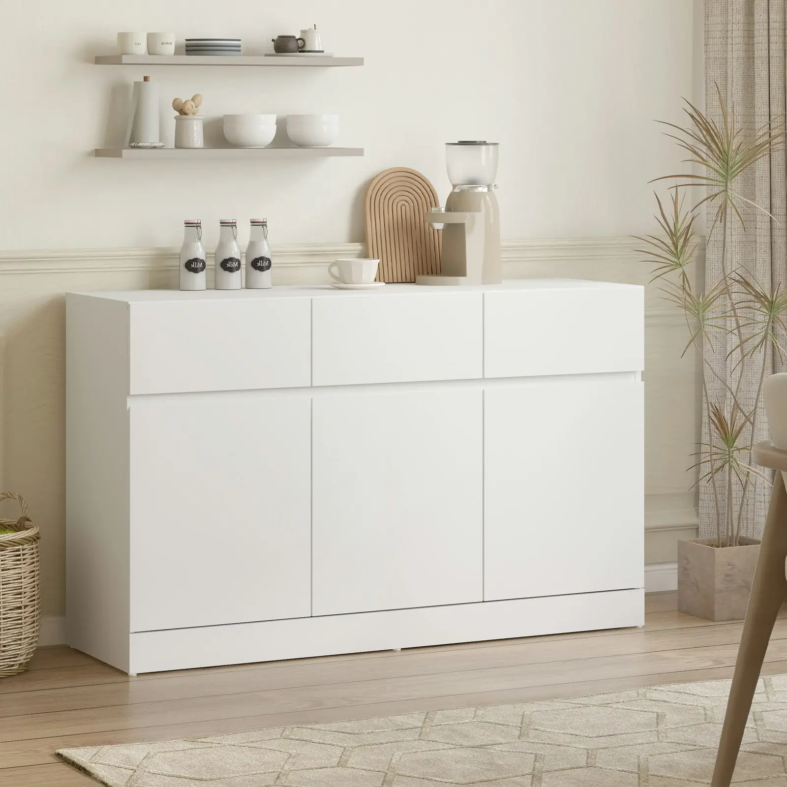 Matt White Buffet Sideboard with 3 Drawers & 3 Doors | Stylish Hallway Storage Cabinet