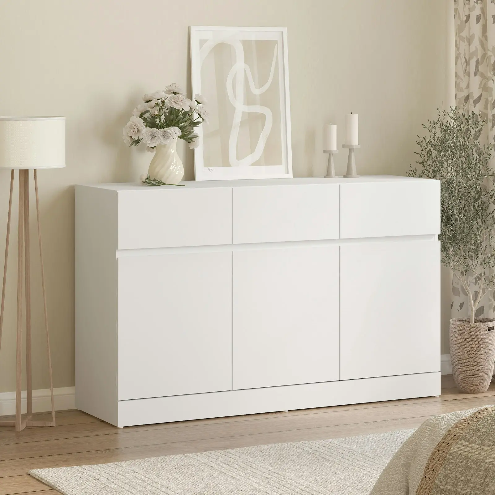 Matt White Buffet Sideboard with 3 Drawers & 3 Doors | Stylish Hallway Storage Cabinet