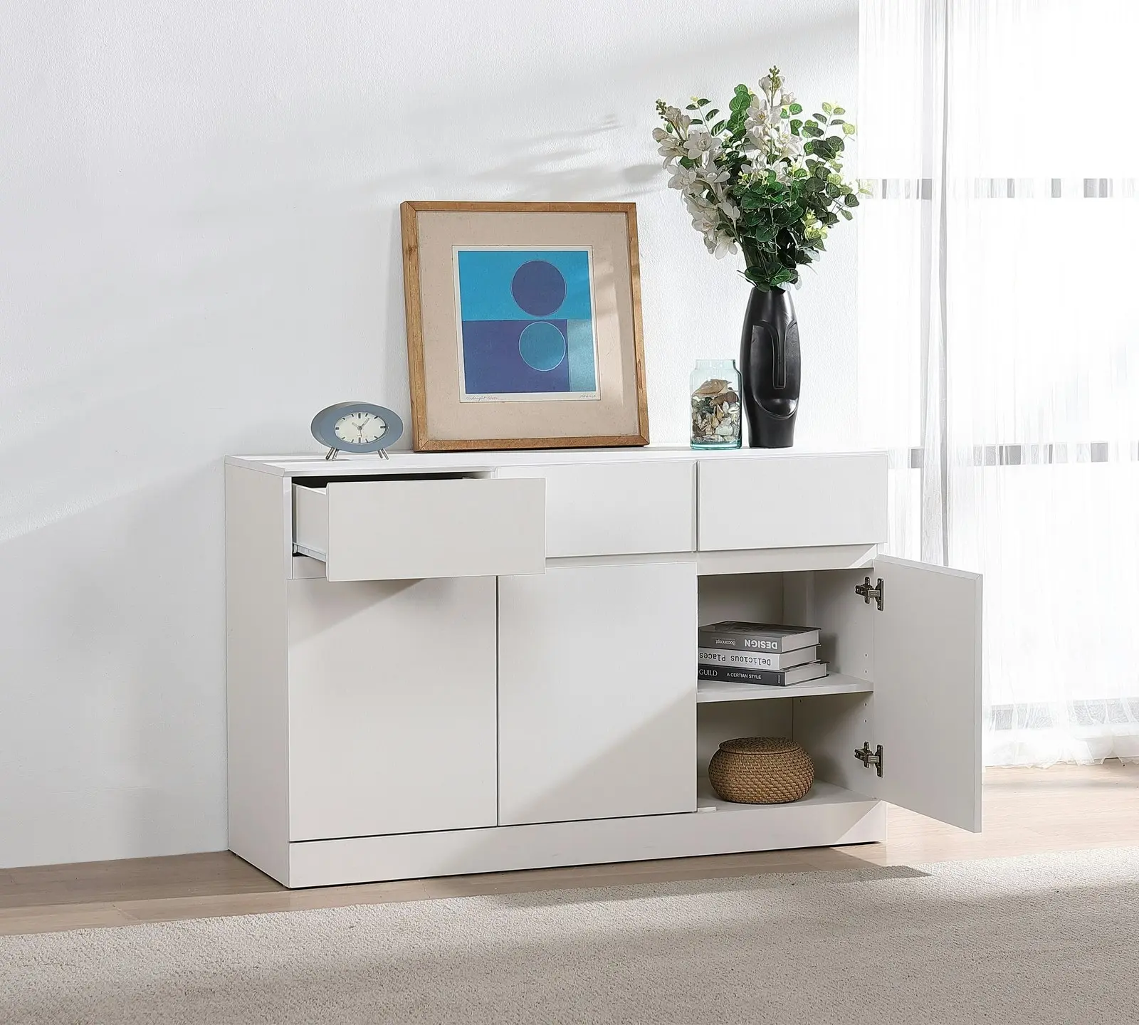 Matt White Buffet Sideboard with 3 Drawers & 3 Doors | Stylish Hallway Storage Cabinet