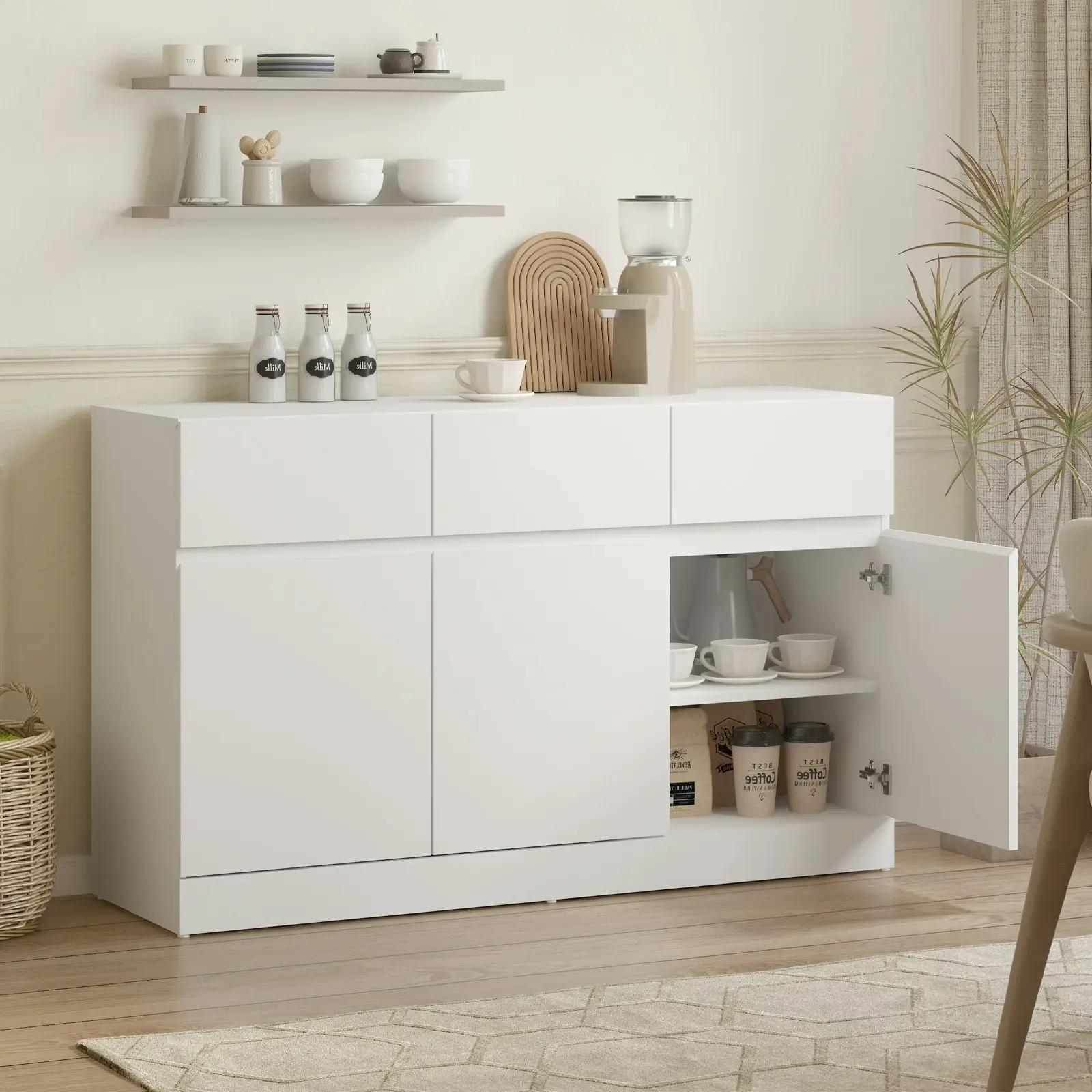 Matt White Buffet Sideboard with 3 Drawers & 3 Doors | Stylish Hallway Storage Cabinet