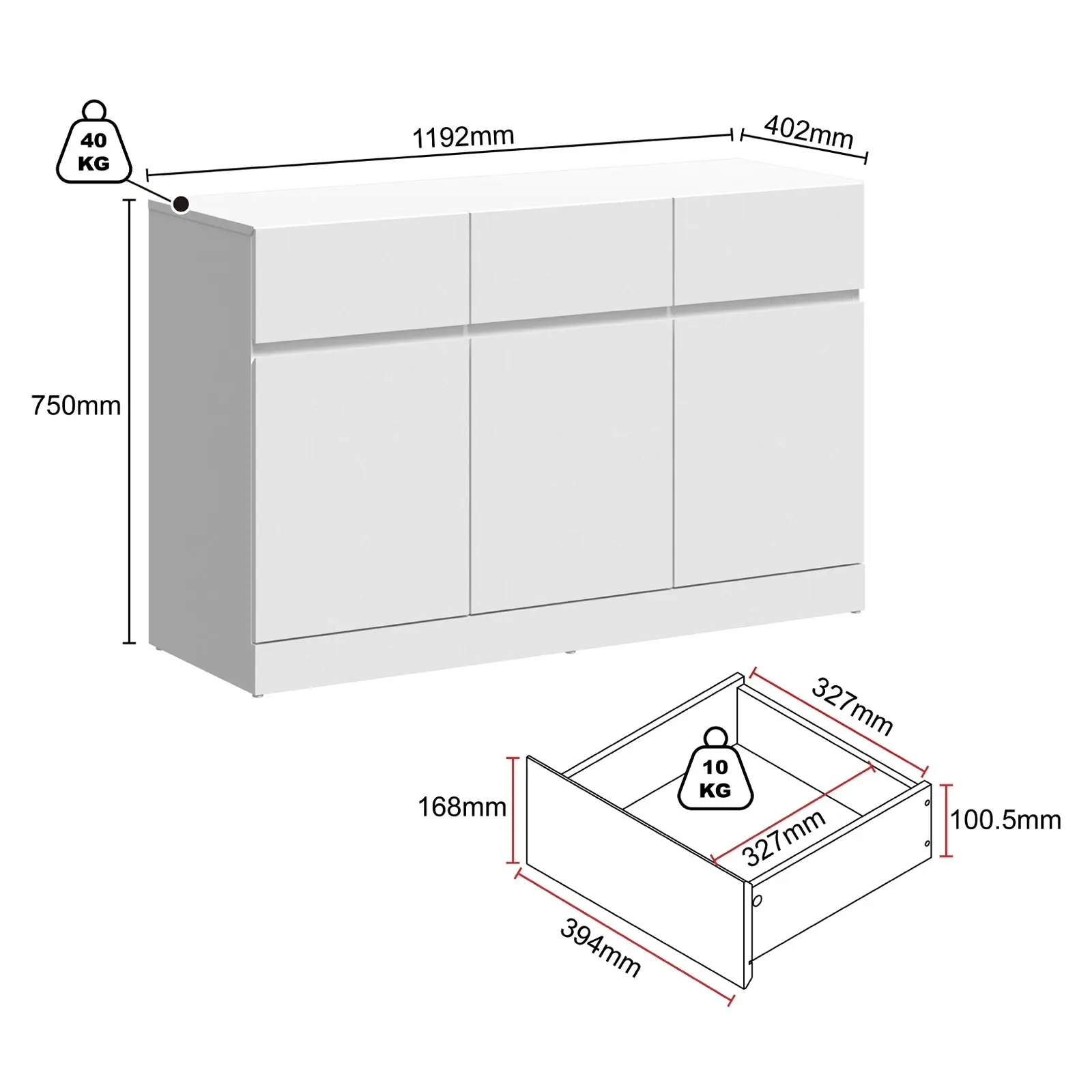 Matt White Buffet Sideboard with 3 Drawers & 3 Doors | Stylish Hallway Storage Cabinet