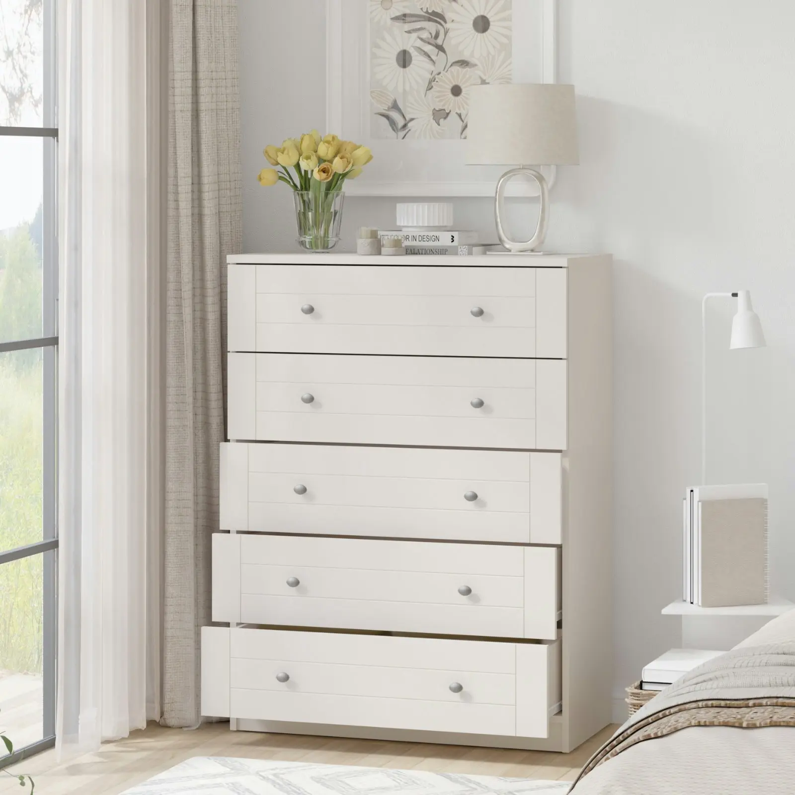 Harriet 5 Drawer Chest Dresser Tallboy - Elegant Storage Solution for Compact Spaces