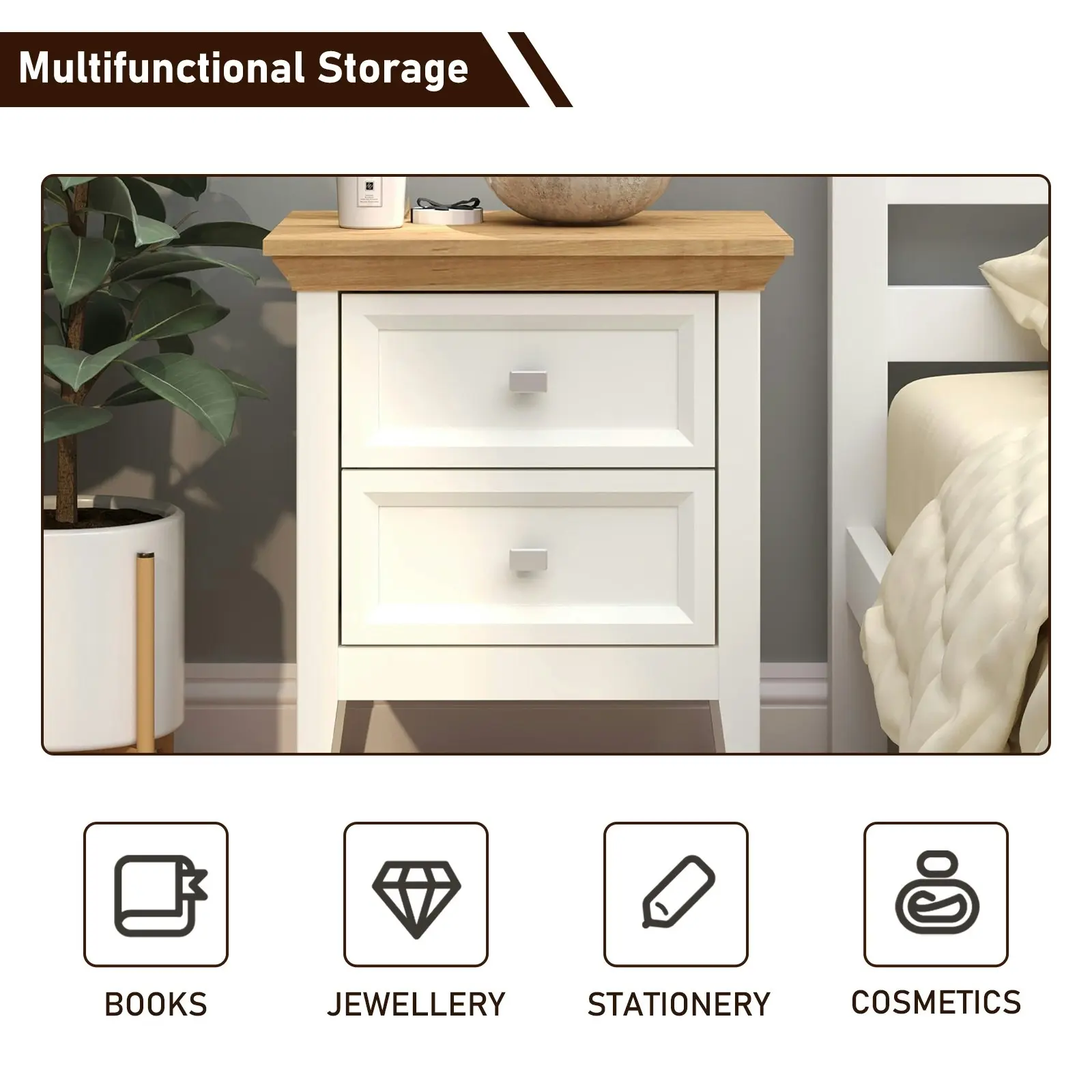 Coogee 2 Drawer Bedside Table | Pine and Off-White Stylish Bedroom Storage