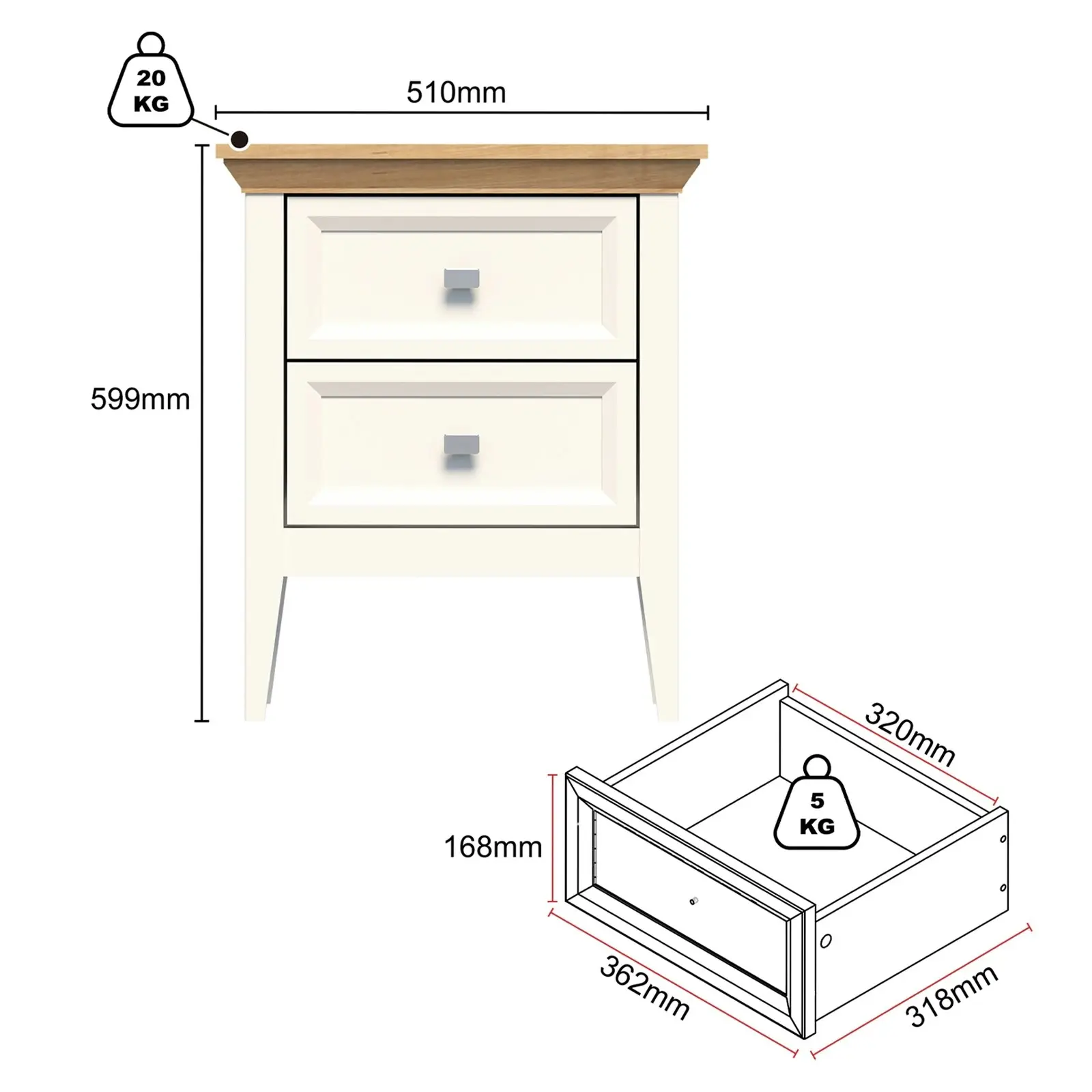 Coogee 2 Drawer Bedside Table | Pine and Off-White Stylish Bedroom Storage