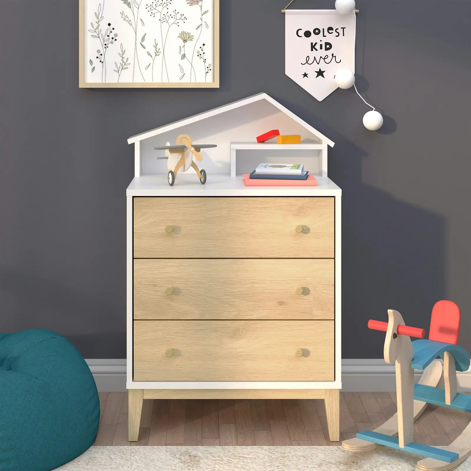 House Kid Chest of 3 Drawers and House Kid Display Bookshelf