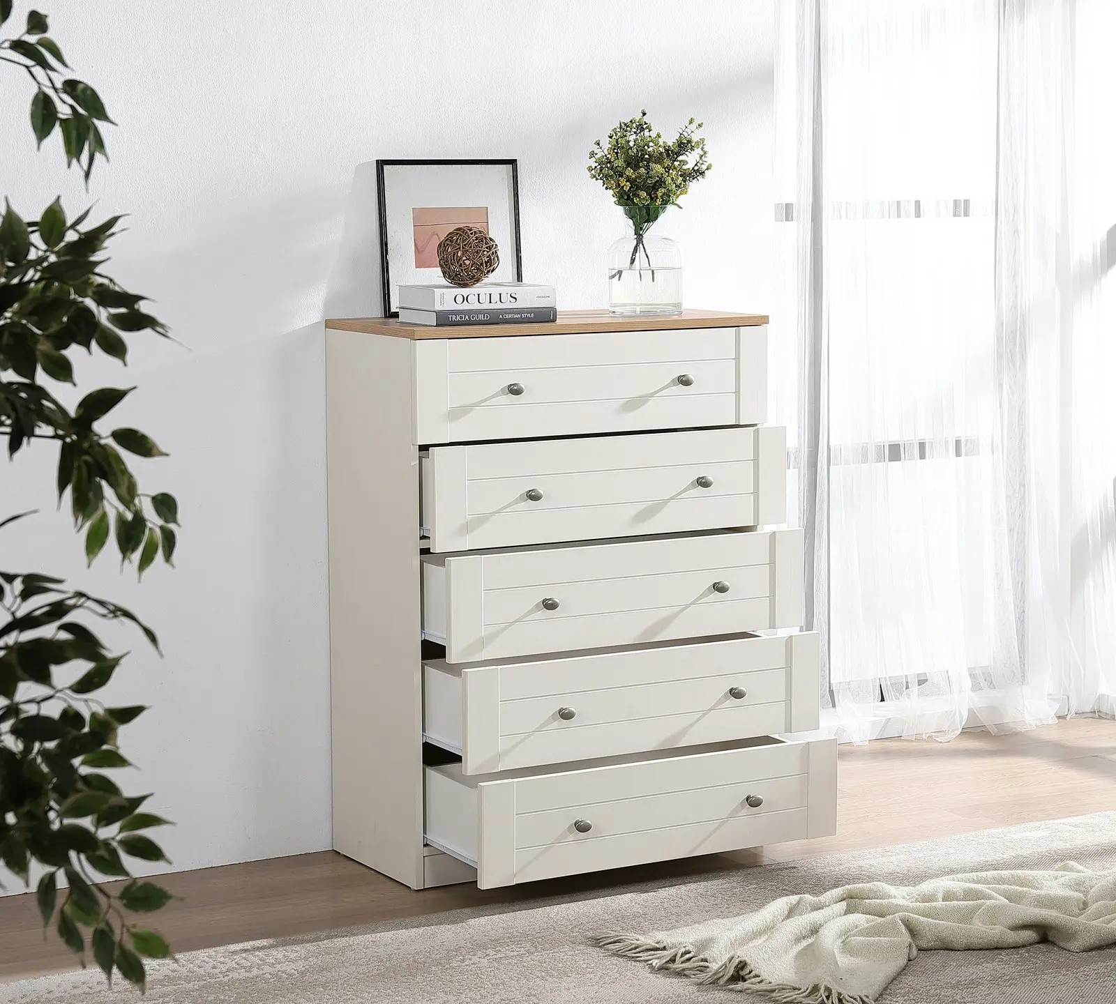 Harriet 5 Drawer Tallboy and 2 Drawer Bedside Table Set | Complete Bedroom Storage Solution