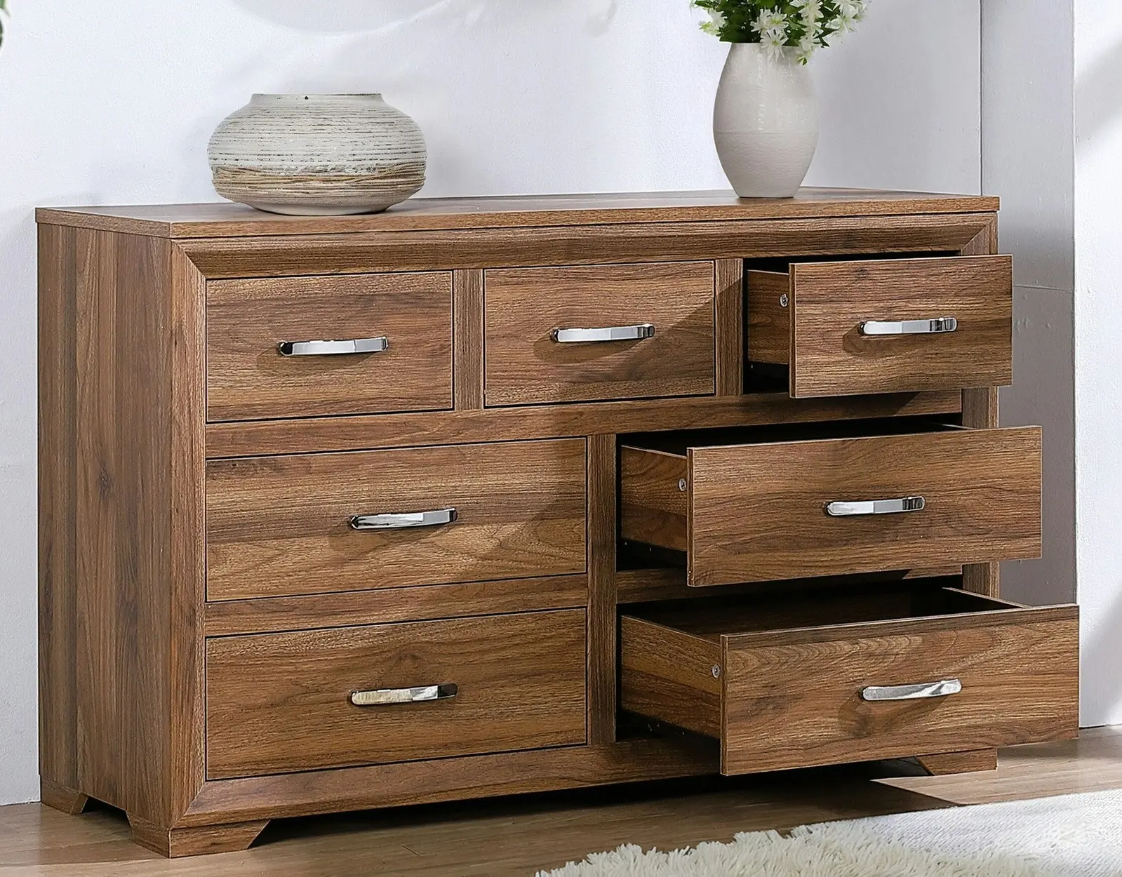 Farmhouse 7 Drawer Dresser Lowboy Bedroom Storage Cabinet