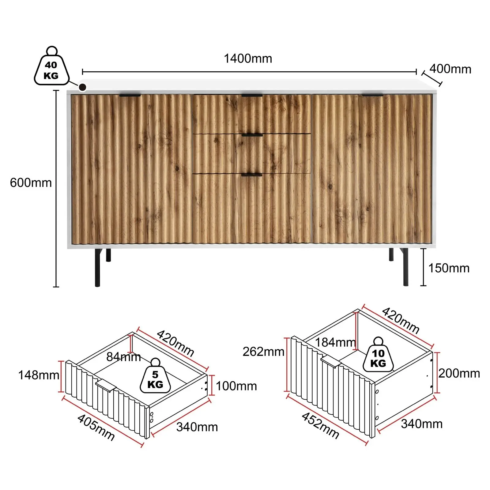 Chelsea 3 Drawer 2 Door Sideboard and 5 Drawer Chest Bundle