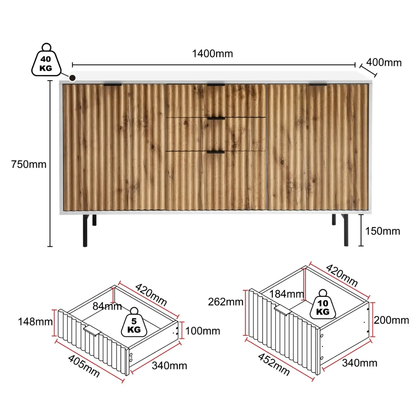 Chelsea 3 Drawer 2 Door Sideboard and 5 Drawer Chest Bundle