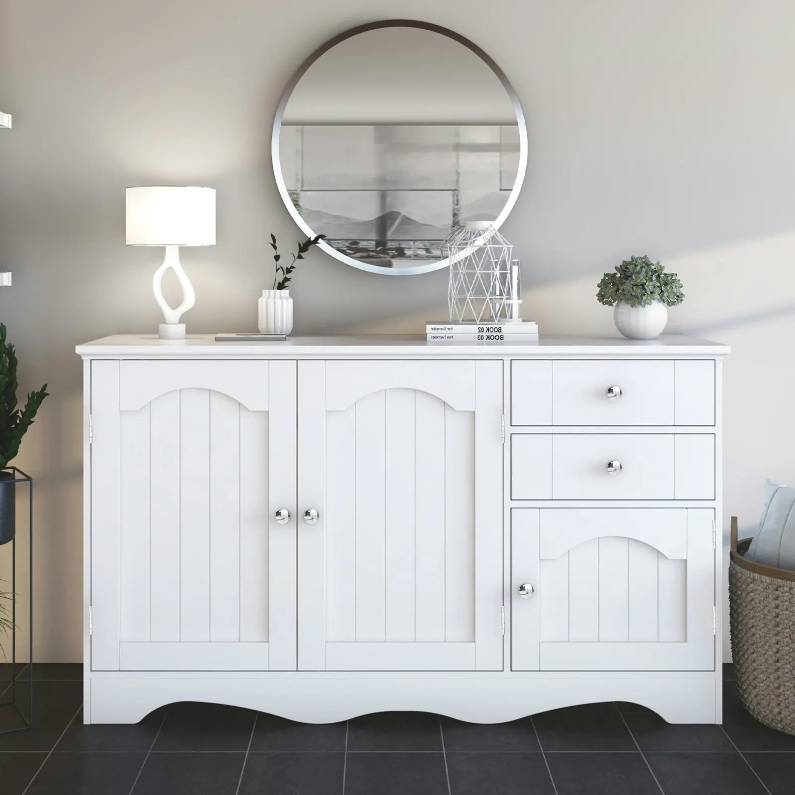 Decor Buffet Sideboard White with 3 Doors & 2 Drawers Hallway Console Cabinets Bathroom Storage