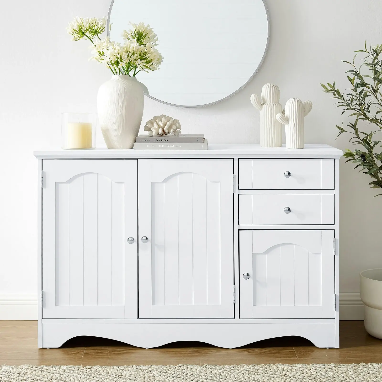 Decor Buffet Sideboard White with 3 Doors & 2 Drawers Hallway Console Cabinets Bathroom Storage