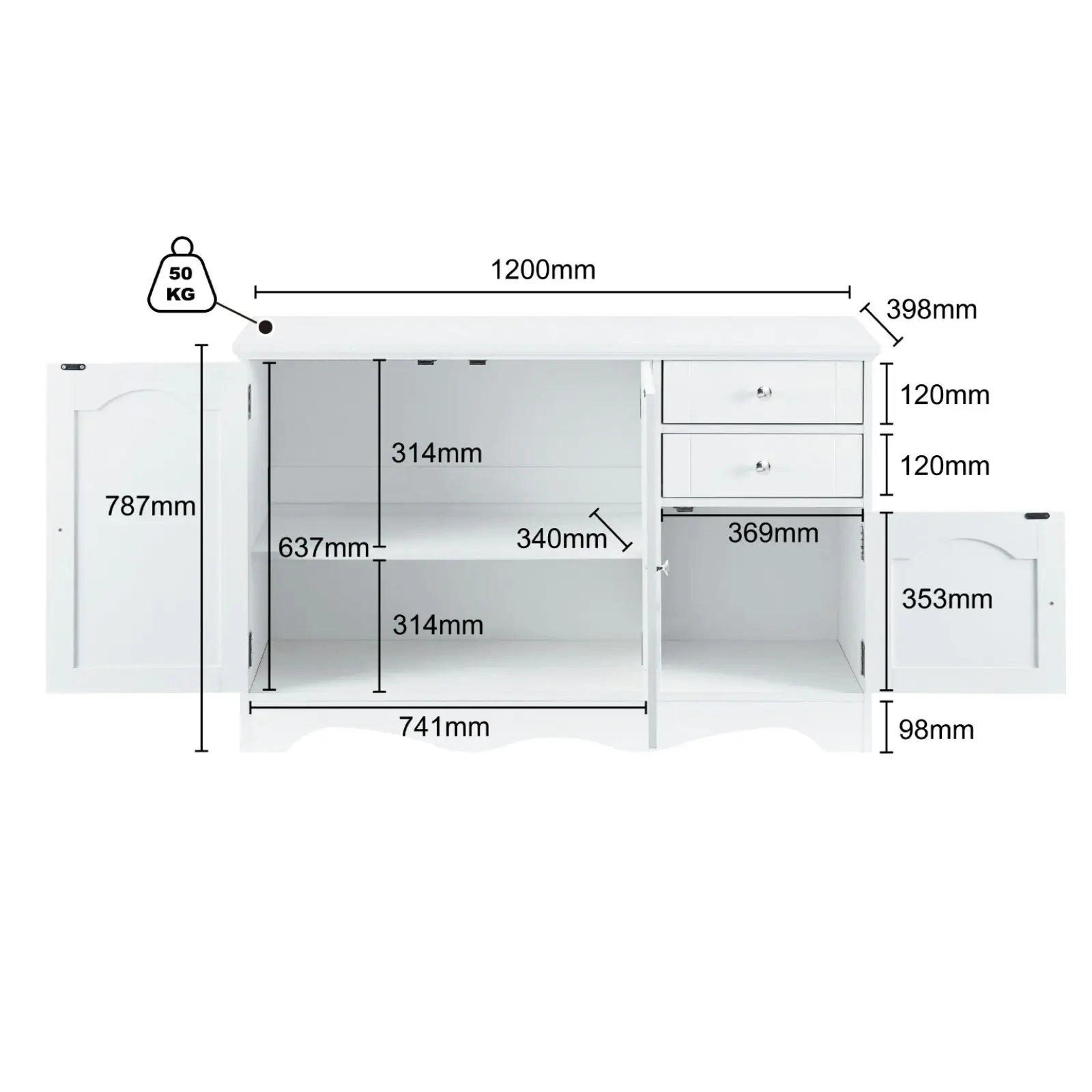 Decor Buffet Sideboard White with 3 Doors & 2 Drawers Hallway Console Cabinets Bathroom Storage