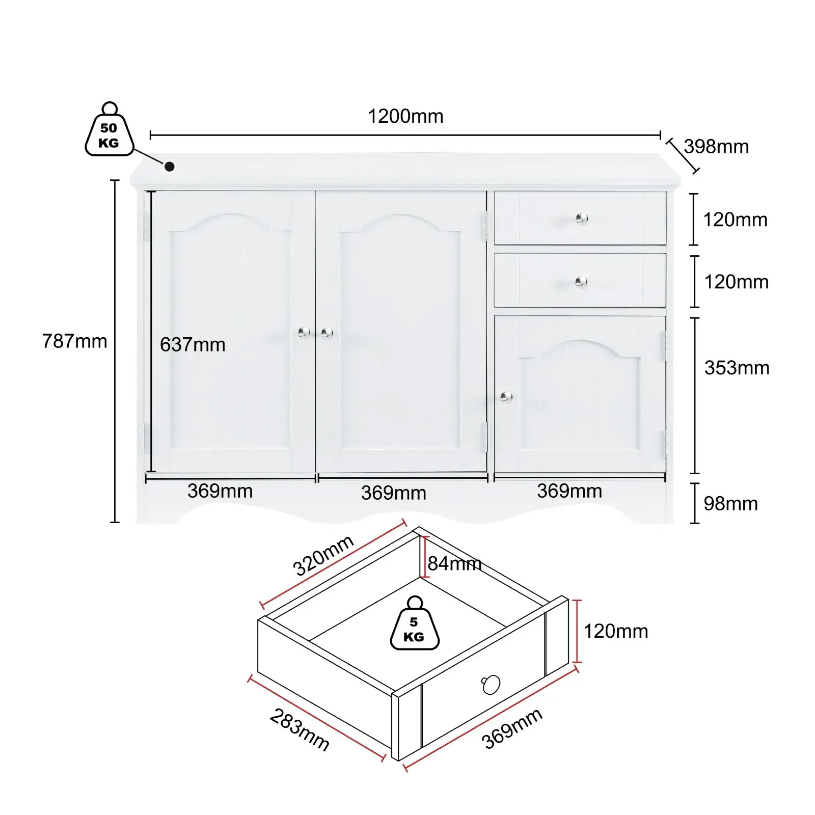 Decor Buffet Sideboard White with 3 Doors & 2 Drawers Hallway Console Cabinets Bathroom Storage