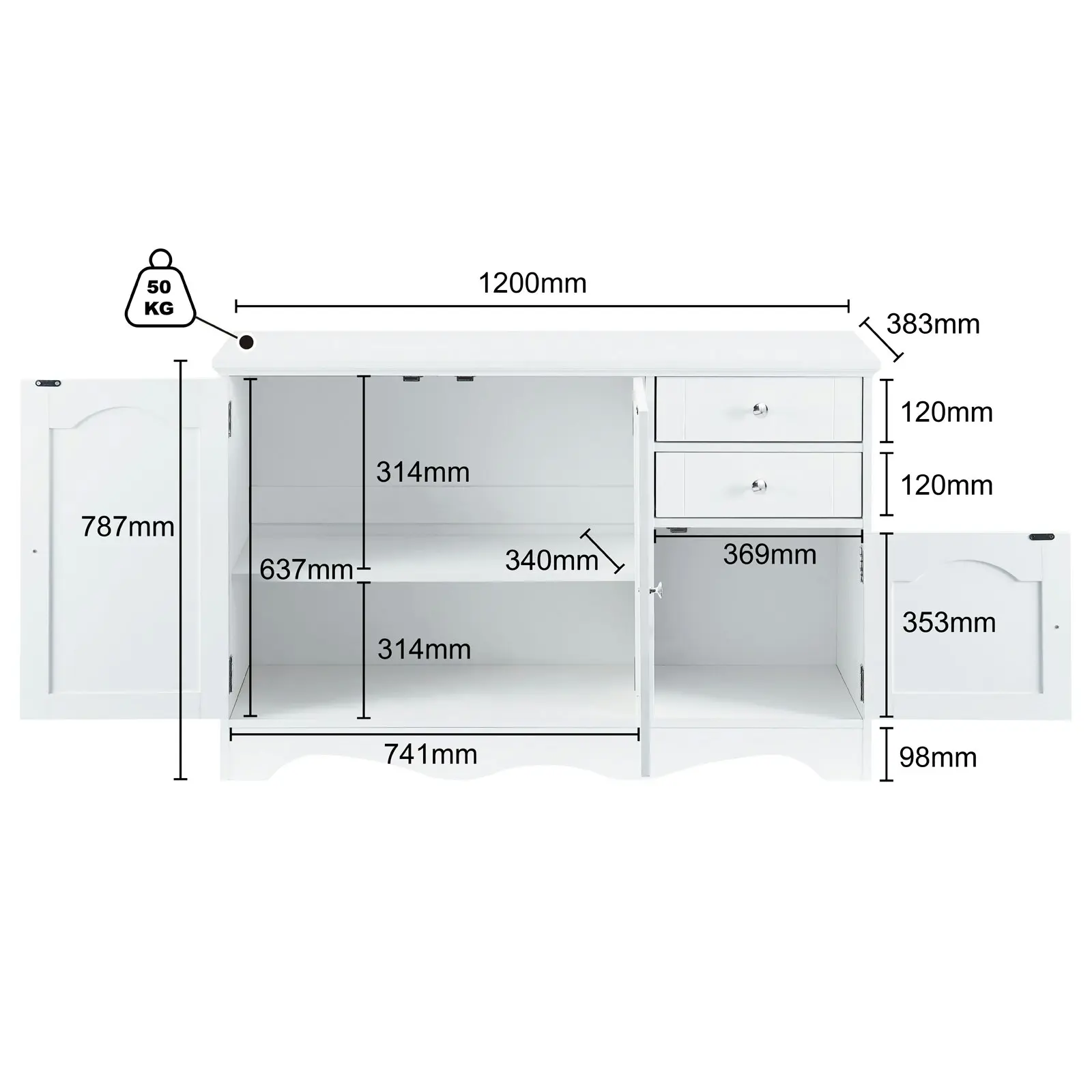 Decor Buffet Sideboard White with 3 Doors & 2 Drawers Hallway Console Cabinets Bathroom Storage