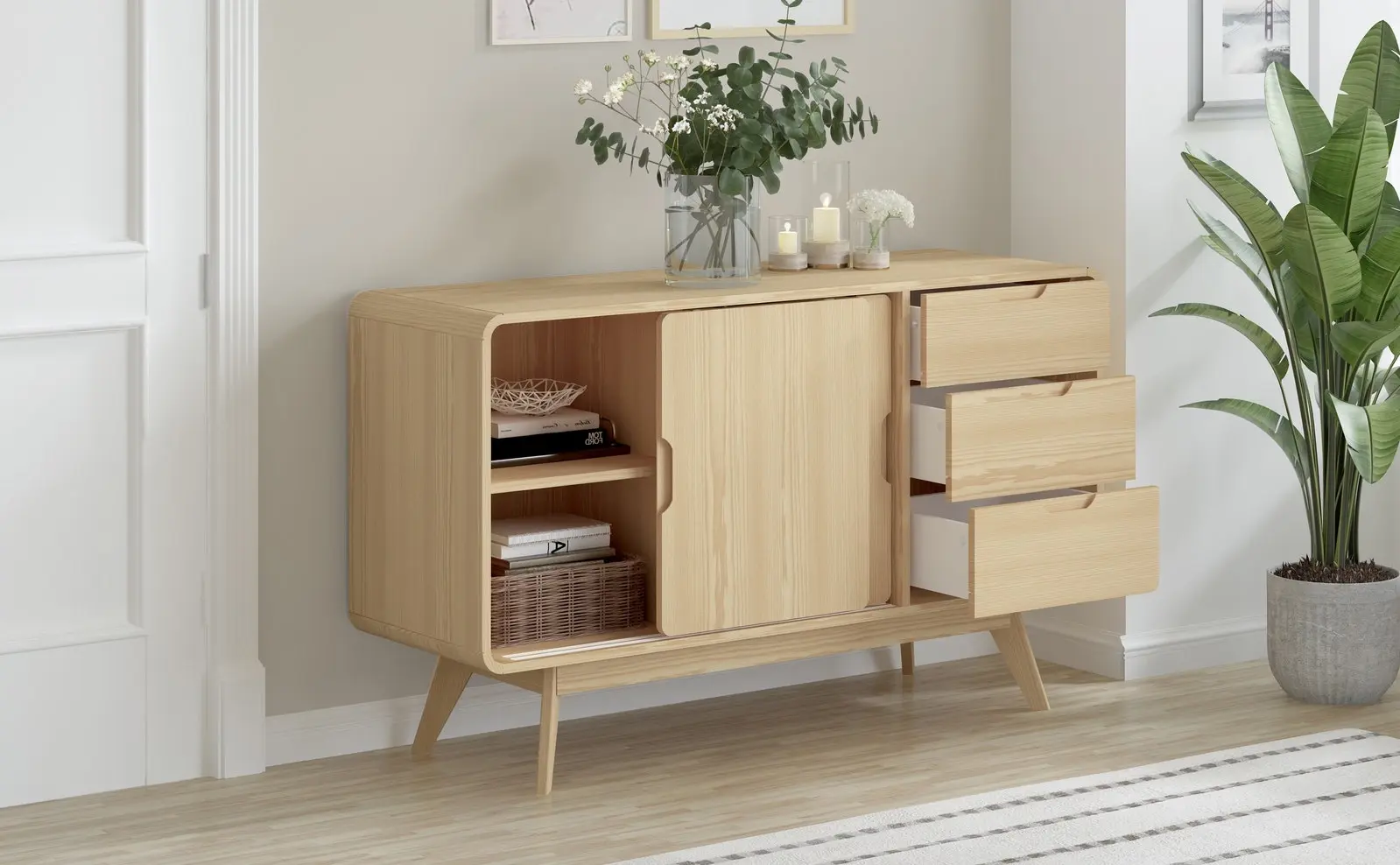 Oslo Sliding Door Sideboard Buffet Cabinet | Light Oak with Rounded Corners | Stylish Space-Saving Storage Dresser Solution