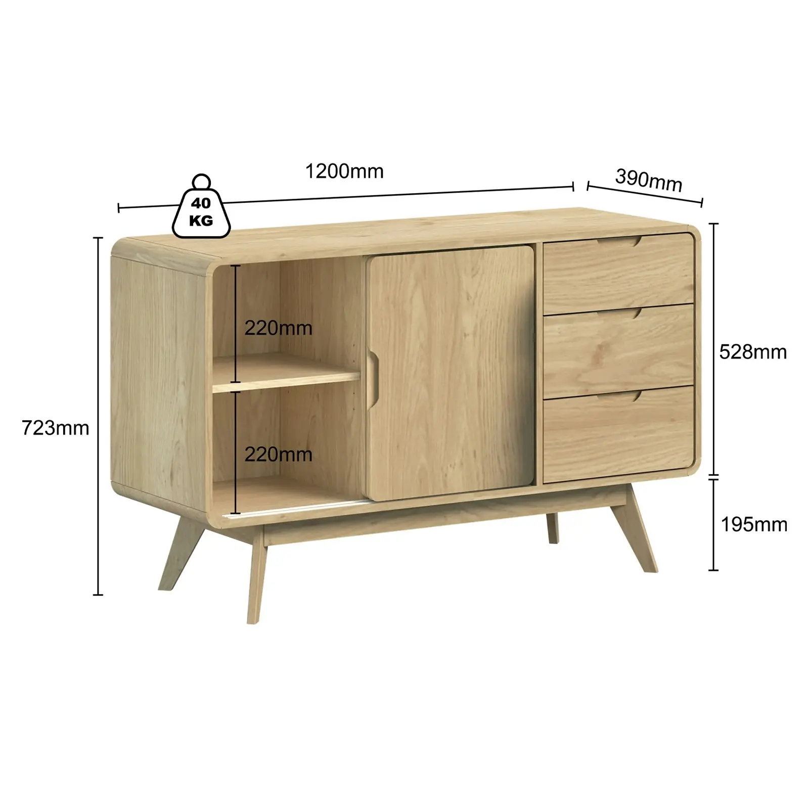 Oslo Sliding Door Sideboard Buffet Cabinet | Light Oak with Rounded Corners | Stylish Space-Saving Storage Dresser Solution