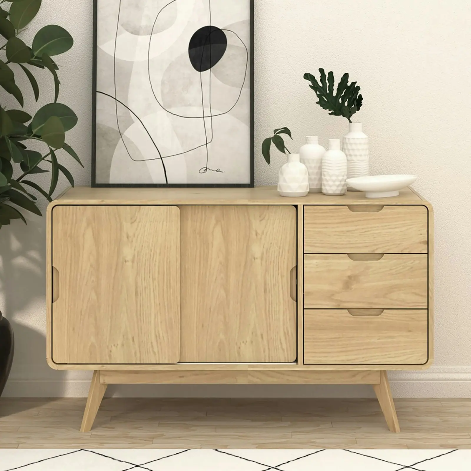 Oslo Sliding Sideboard Cabinet | Light Oak with Rounded Corners | Stylish Space-Saving Storage Dresser Solution