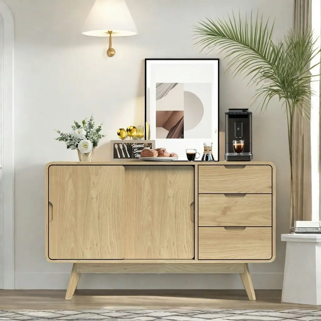 Oslo Sliding Door Sideboard Buffet Cabinet | Light Oak with Rounded Corners | Stylish Space-Saving Storage Dresser Solution