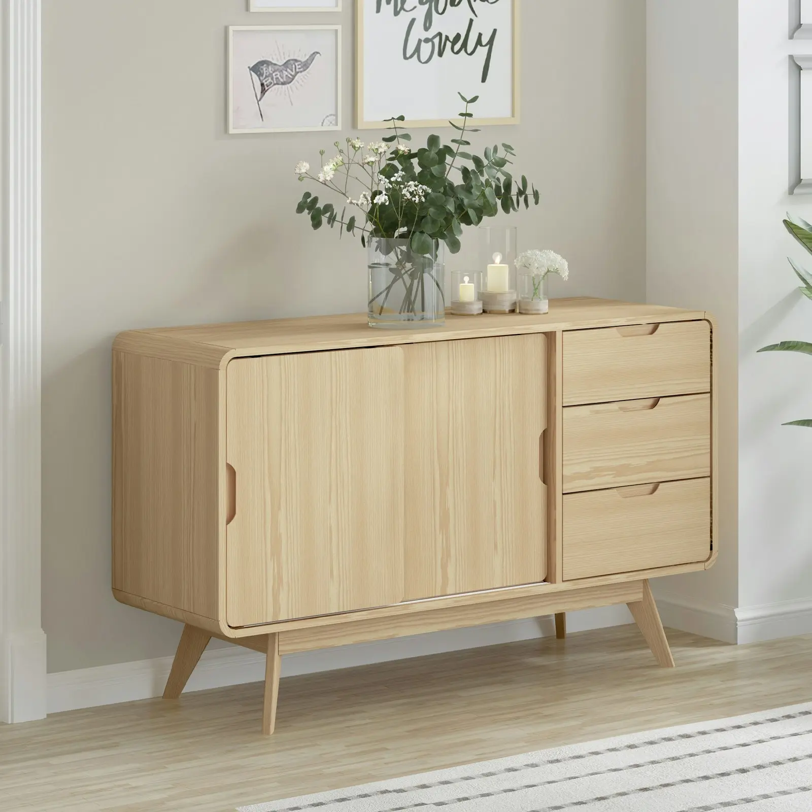 Oslo Sliding Door Sideboard Buffet Cabinet | Light Oak with Rounded Corners | Stylish Space-Saving Storage Dresser Solution