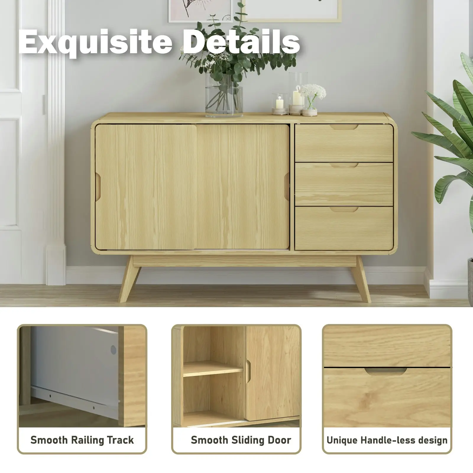 Oslo Sliding Door Sideboard Buffet Cabinet | Light Oak with Rounded Corners | Stylish Space-Saving Storage Dresser Solution