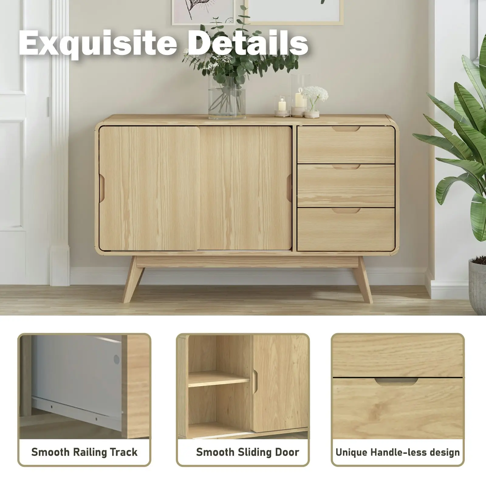 Oslo Sliding Sideboard Cabinet | Light Oak with Rounded Corners | Stylish Space-Saving Storage Dresser Solution