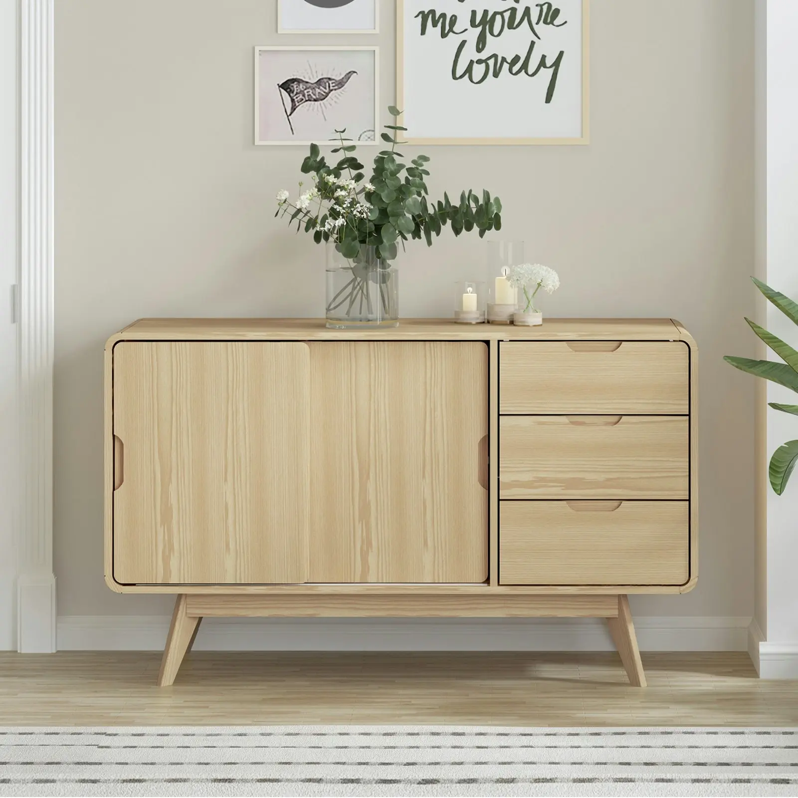 Oslo Sliding Sideboard Cabinet | Light Oak with Rounded Corners | Stylish Space-Saving Storage Dresser Solution