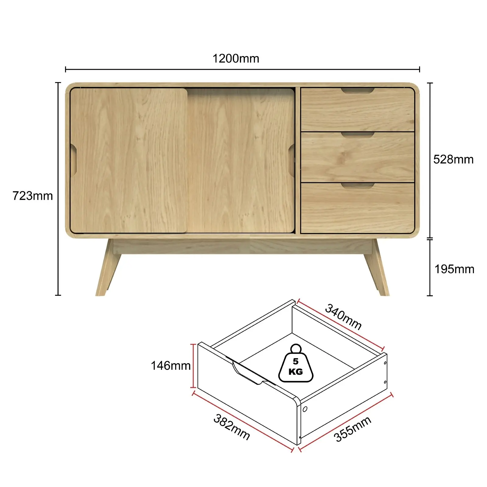 Oslo Sliding Sideboard Cabinet | Light Oak with Rounded Corners | Stylish Space-Saving Storage Dresser Solution