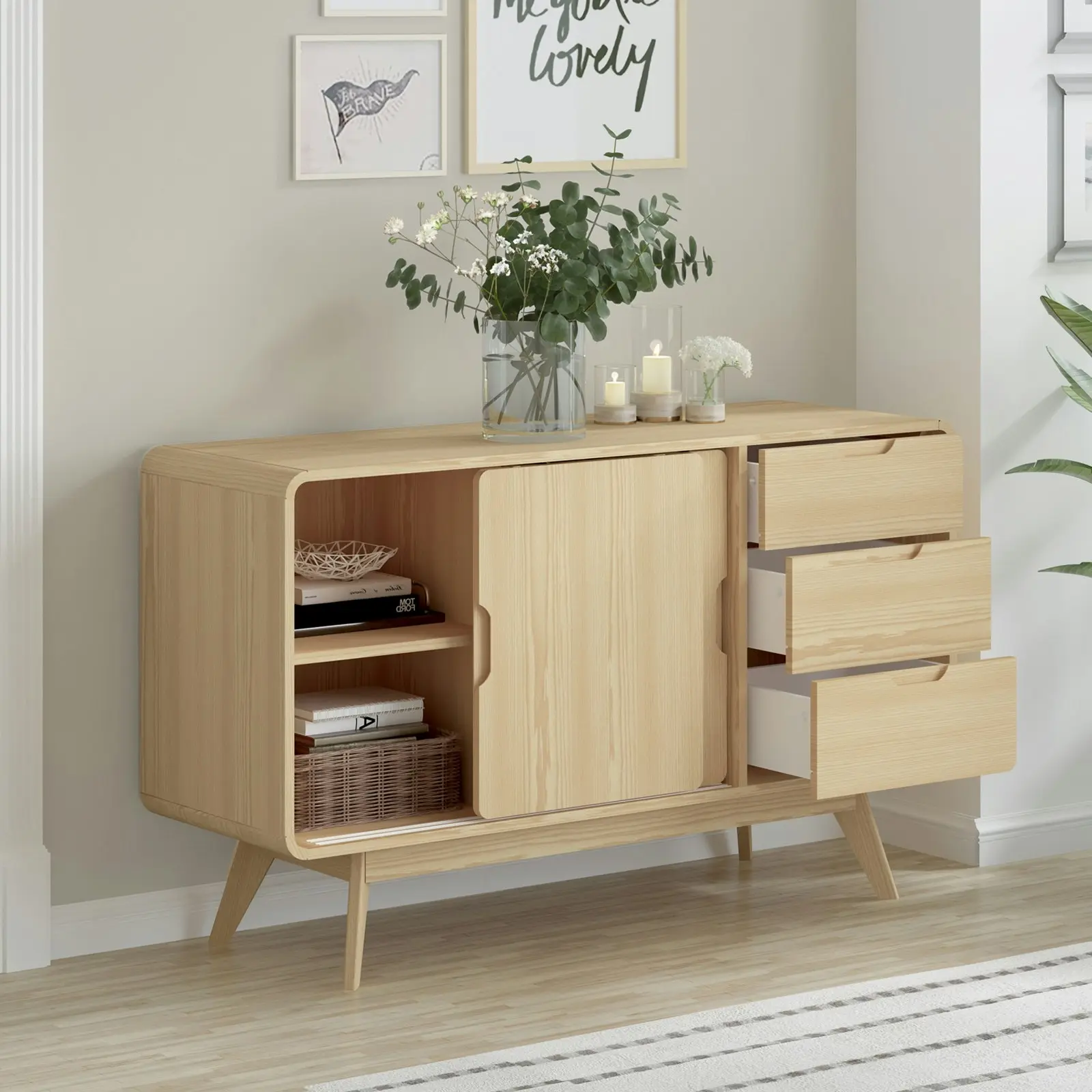 Oslo Sliding Door Sideboard Buffet Cabinet | Light Oak with Rounded Corners | Stylish Space-Saving Storage Dresser Solution