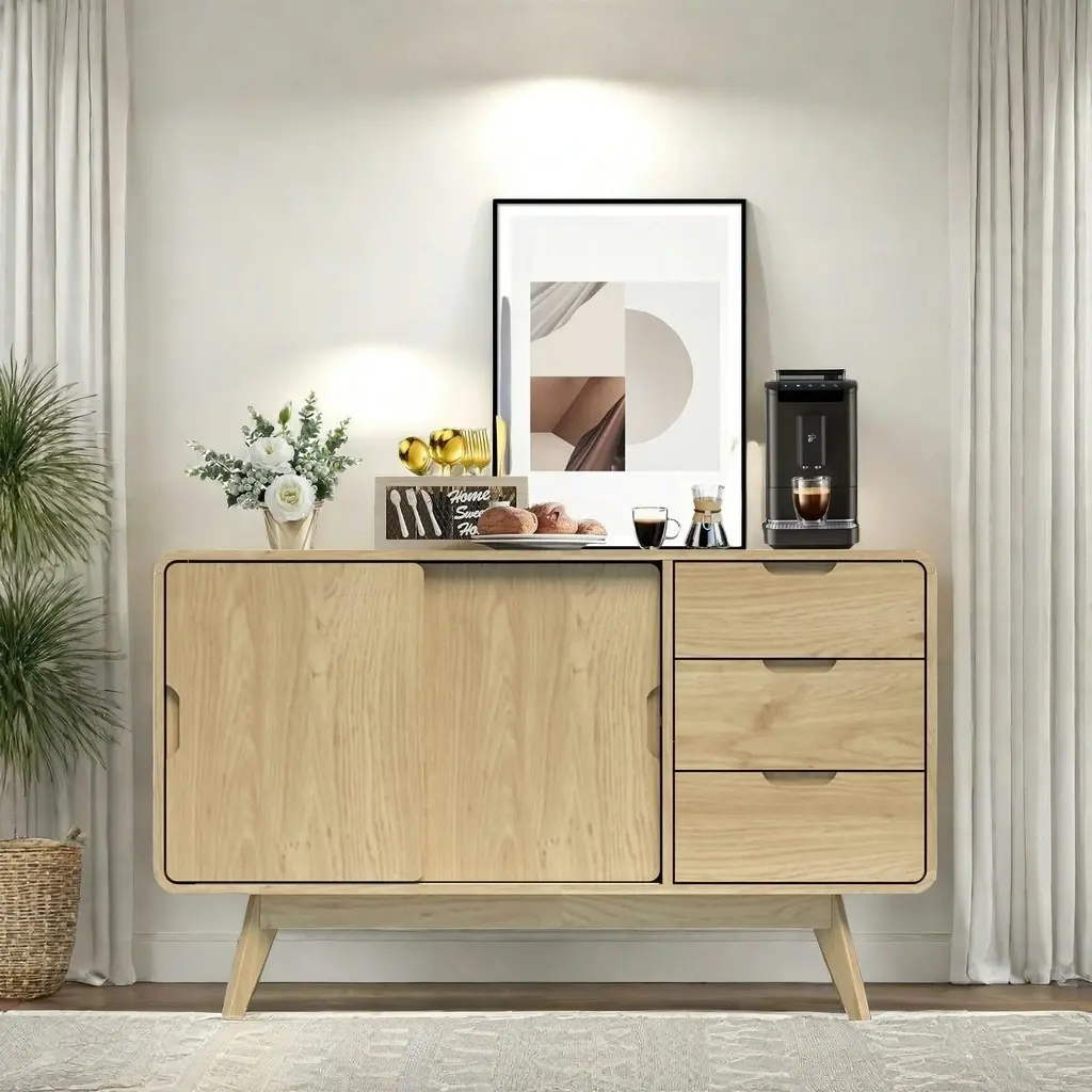 Oslo Sliding Sideboard Cabinet | Light Oak with Rounded Corners | Stylish Space-Saving Storage Dresser Solution