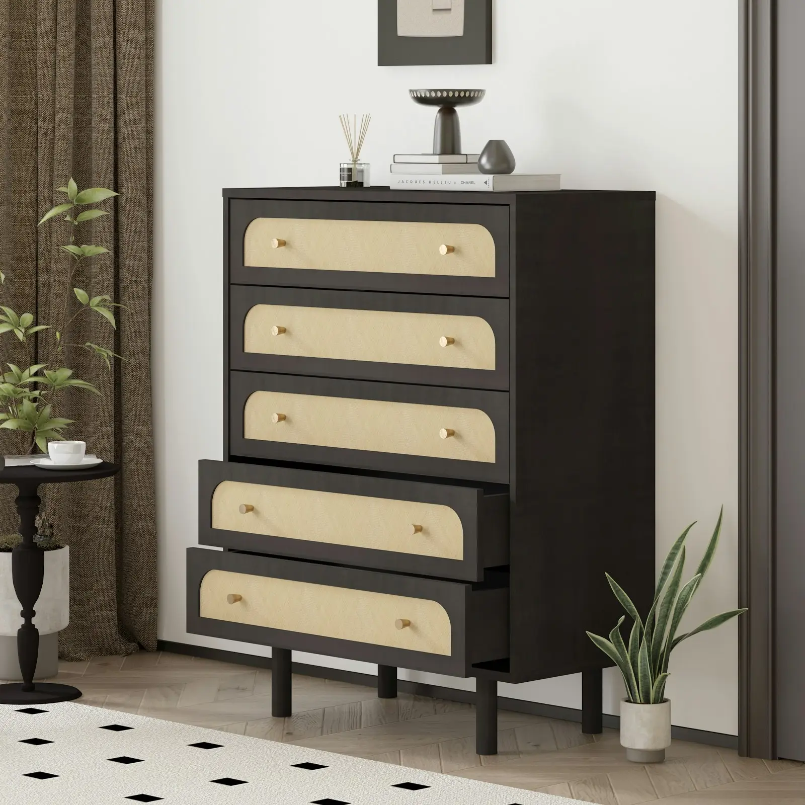 Elisa 5-Drawer Rattan Chest of Drawers with Curved Fronts and Dark Brown Finish